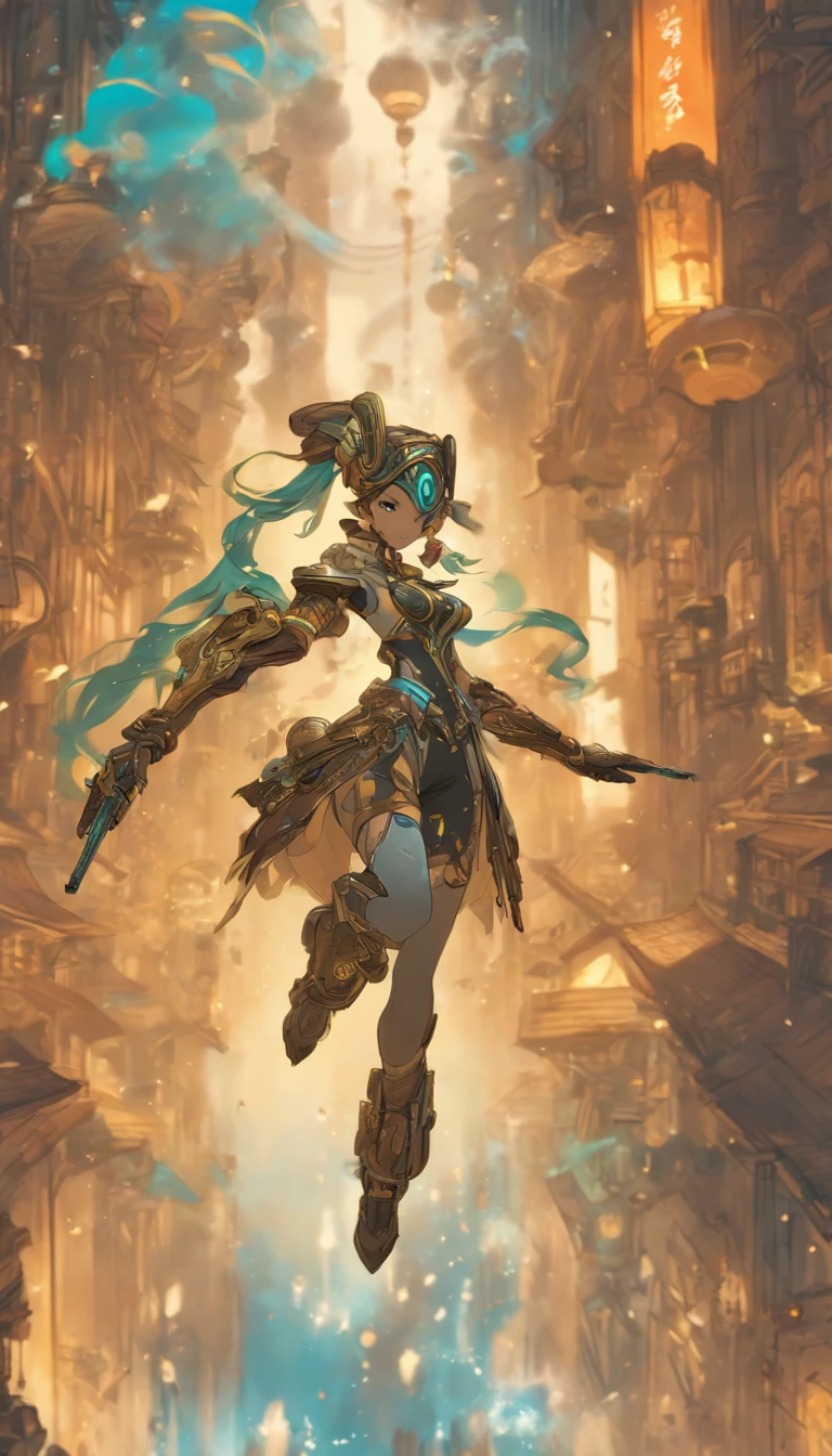 Chinese ink style,Steampunk world,Huge steampunk warframe girl,Jet steam levitates in the city air,Ink animation art,Ink comic art,water ink,ink,Smudge,8K,Delicately portrayed,Works of masters