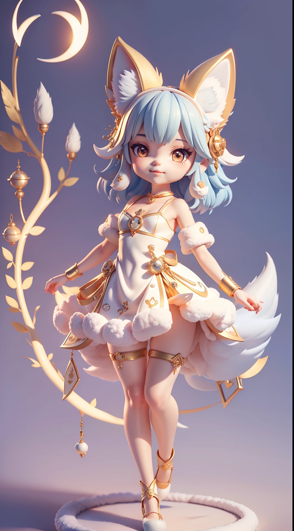 lens flare glow，Cute fox makeup，Fluffy little fox，White fur，Thin waist narrow waist，fox ear，paw shoes，The look of the kawaii，Flat-chested little sister，slimfigure，ssmile，Navy blue hair，Golden pupils。Attractive 3D Vector Art。