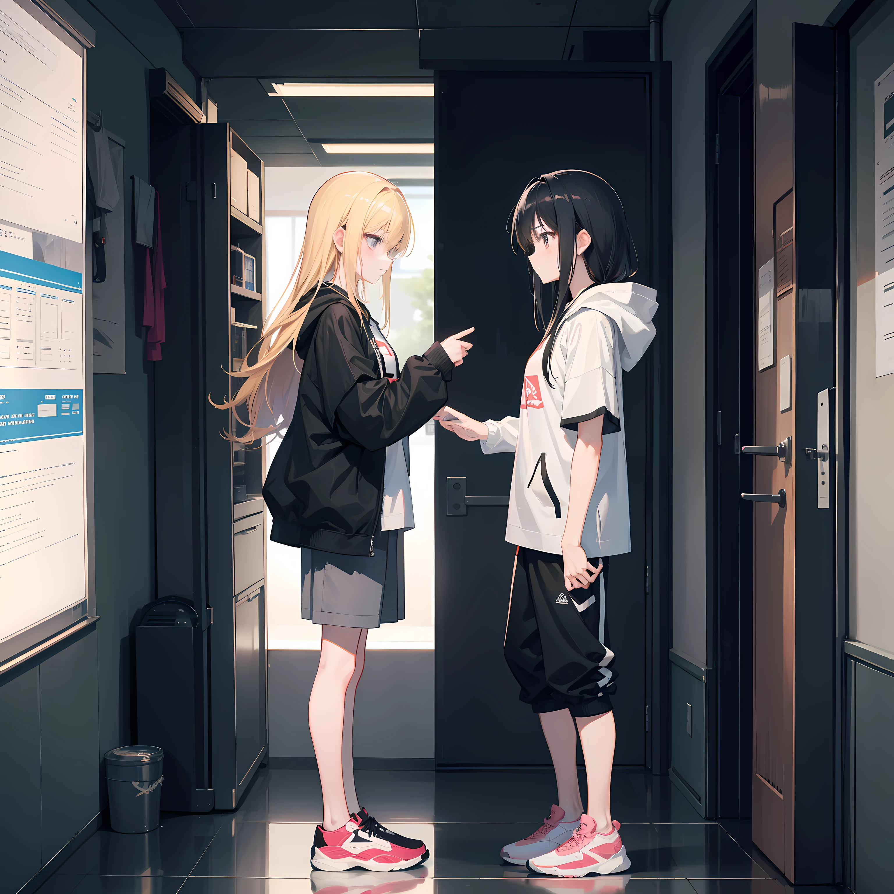 Generate an anime image of two cute characters, Yori and Aina, arguing in a hostel at night. Yori is a girl with long black hair, a T-shirt, a leather jacket, and sneakers. Aina is a girl with long blonde hair, a hoodie, sports trousers, and sneakers. They are the same height and are standing close to each other, facing each other. Yori is looking away, but Aina is looking directly into her eyes. The background is a dark hallway with a few dim lights. The overall mood of the image is tense and dramatic.