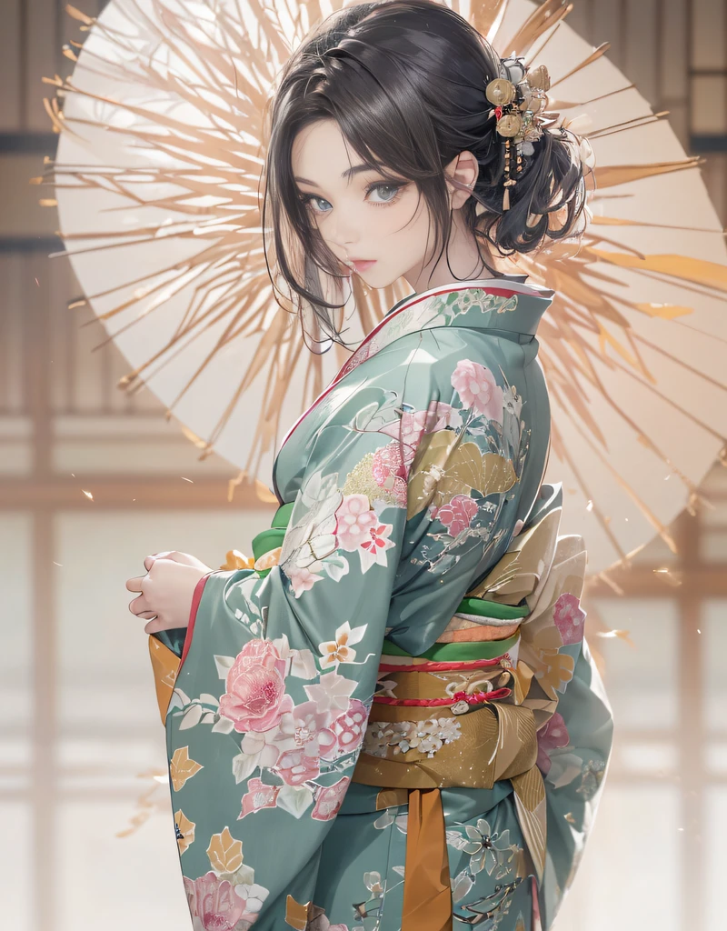 (Beautiful model in Japanese kimono commercial, beautiful straight long black hair), solo, ((face is 80% beauty and elegance, 20% pretty and cute:1.5)), (She is a half Eastern European and half Asian model), clear eyes, (detailed eyes, light green eyes, bright pupils), Double Eyelids, (sexy lips with a little thickness:1.2), ((super detailed and incredibly high resolution thin undergarment Kimono:1.2)), Highly Detailed Face Texture, striking body shape, curvy and very attractive woman, high-resolution RAW color photo pro photo, BREAK ultra high-resolution textures, High-res body rendering, big eyes, unparalleled masterpiece, incredible high resolution, super detailed, stunning ceramic skin, BREAK ((Facing back to show the pattern of the Kimono:1.5)), ((She wears a kimono that is worn under the kimono called a 'Hadajuban':1.5)), ((This kimono is made of white thin fabric:1.2)), (This kimono is so thin that her beautiful skin color shows through), (Finely crafted classic Japanese underwear kimono), ((The pattern is light pink with a running water pattern):1.2), ((A very thin kimono that is elaborately and elegantly made)), (Taken in a Japanese-style room with tatami mats in the morning)) BREAK ((Best Quality, 8k)), Crisp Focus:1.2, (Layer Cut, Big:1.2), (Beautiful Woman with Perfect Figure:1.4), (Beautiful and elegant rear view:1.3), Slender waist, (Correct hand shape:1.5), (Full body shot | cowboy shot)