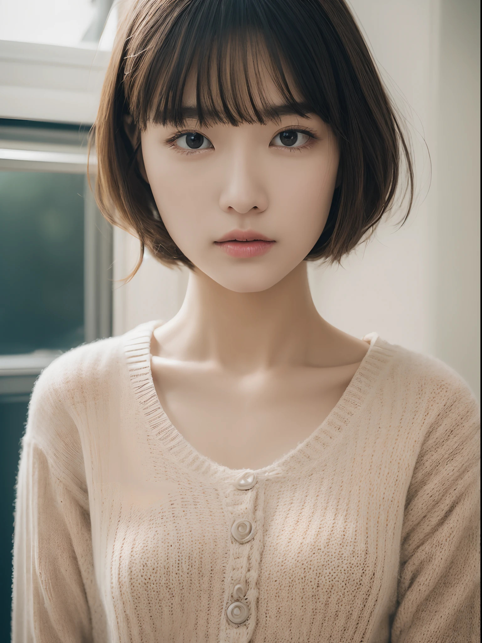 top-quality、masterpiece、hight resolution、1girl in、独奏、Raw photo、Real person、Detailed skin、japanes、brawn hair、thin bunches of bangs、Medium Hair、Floating hair、fullllbody,Sweat knitwear、White Room、catchlight、full morning sun