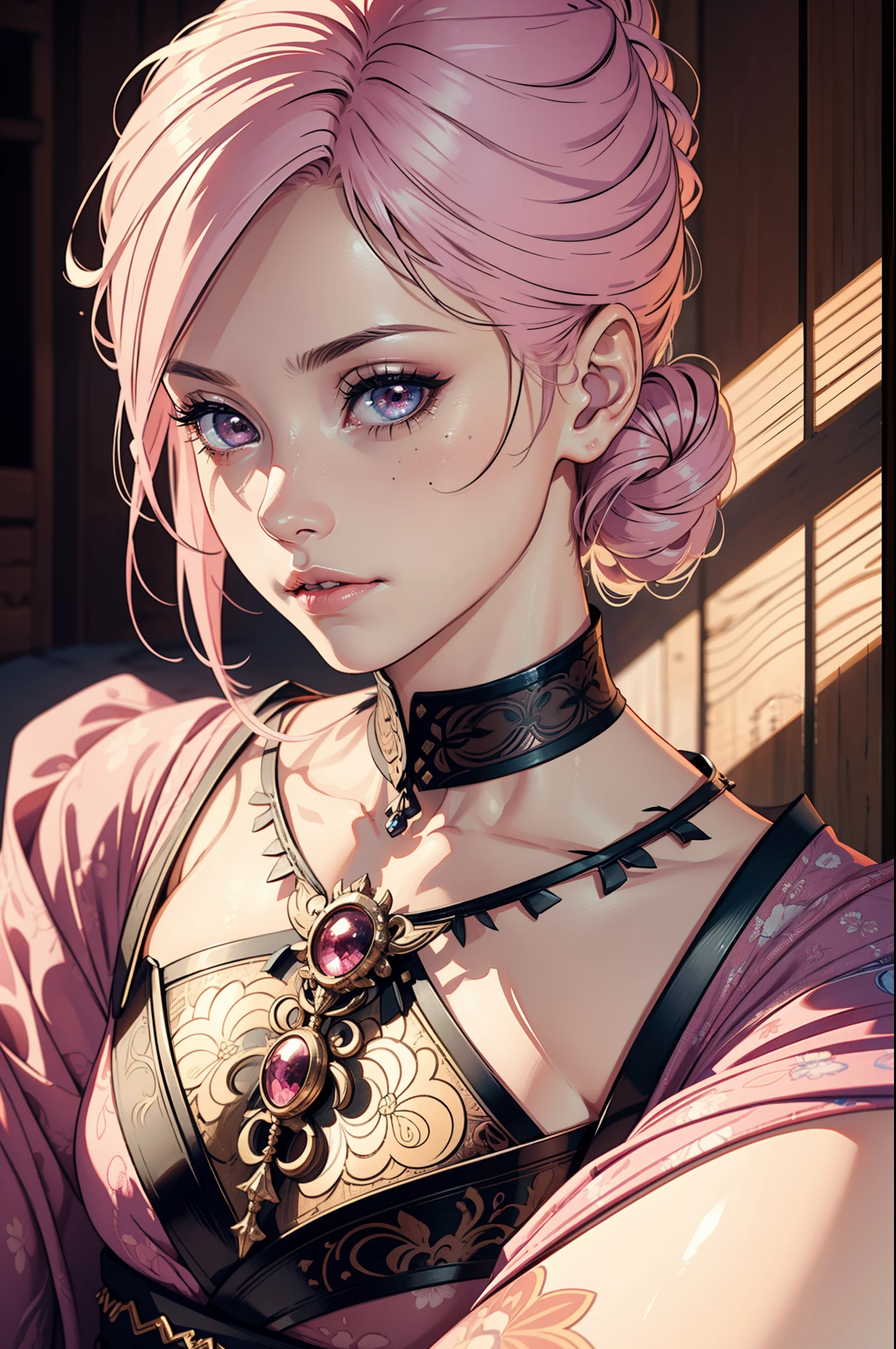 (Absurd, High Resolution, Super Detailed), 1girl, Mature Woman, Intricate Details, Magnified Textures, Intricate Details, Fine Eyes and Detailed Face, Intricate Details, Pink Hair, (Shut Up), (Perfect Eyes, Equal Eyes), ((Japanese Clothes)), Ultra Realistic, Realistic Photos, Very Detailed 3D