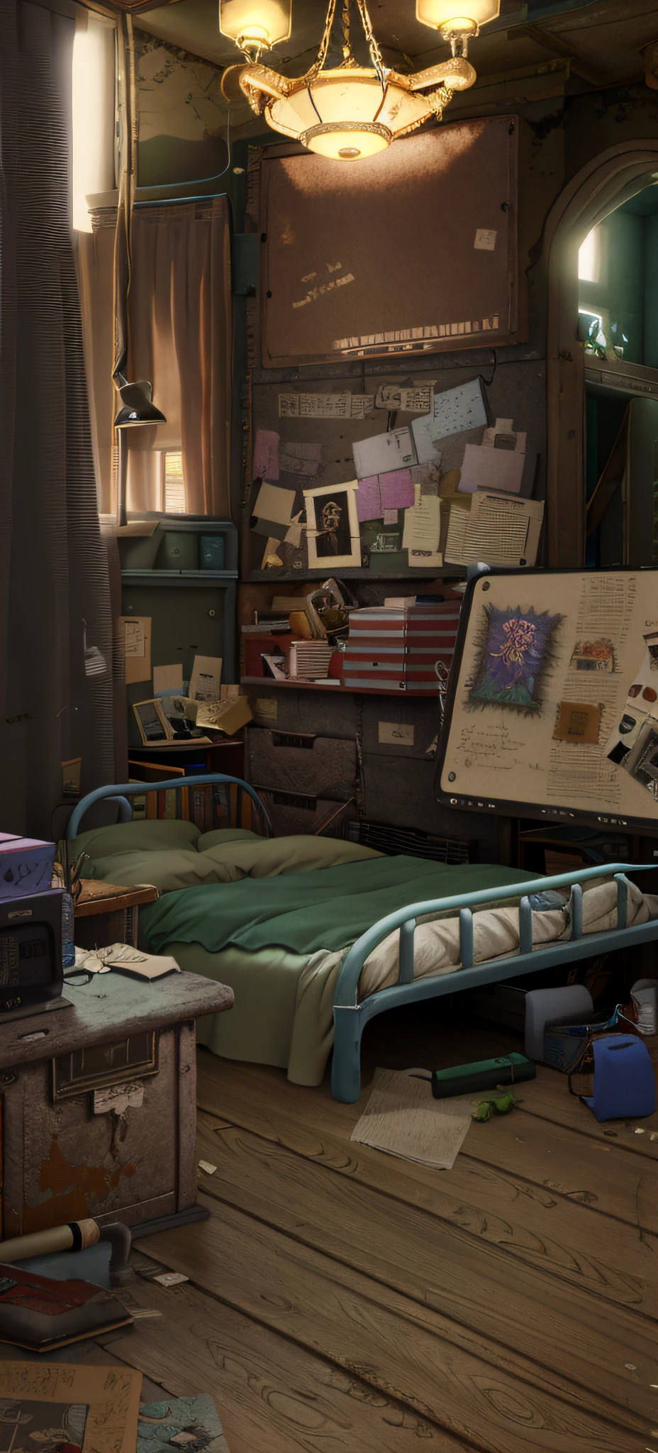 there is a room with a bed, a desk, and a lamp, personal room background, highly realistic concept art, cyberpunk teenager bedroom, bedroom in studio ghibli, photorealistic room, cyberpunk childrens bedroom, Interior of the post-apocalyptic room, by senior environment artist, ultra realistic concept art, Arte conceptual fotorrealista, photorealistic dark concept art, rpg maker style bedroom