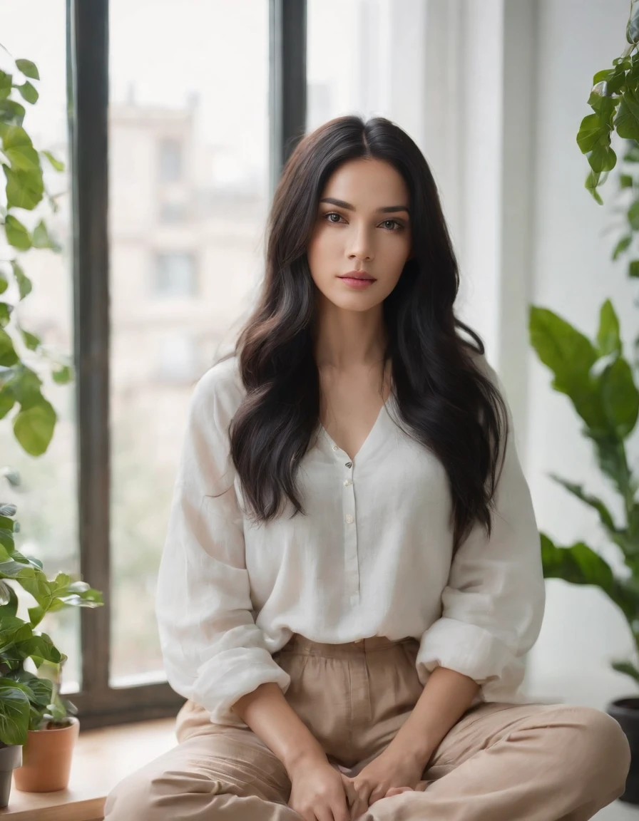 woman sitting long black hair, woman dressed in comfortable clothes on her room , window background, plants, natural lighting, cloudy day, side shot, half length shot, high quality photo.