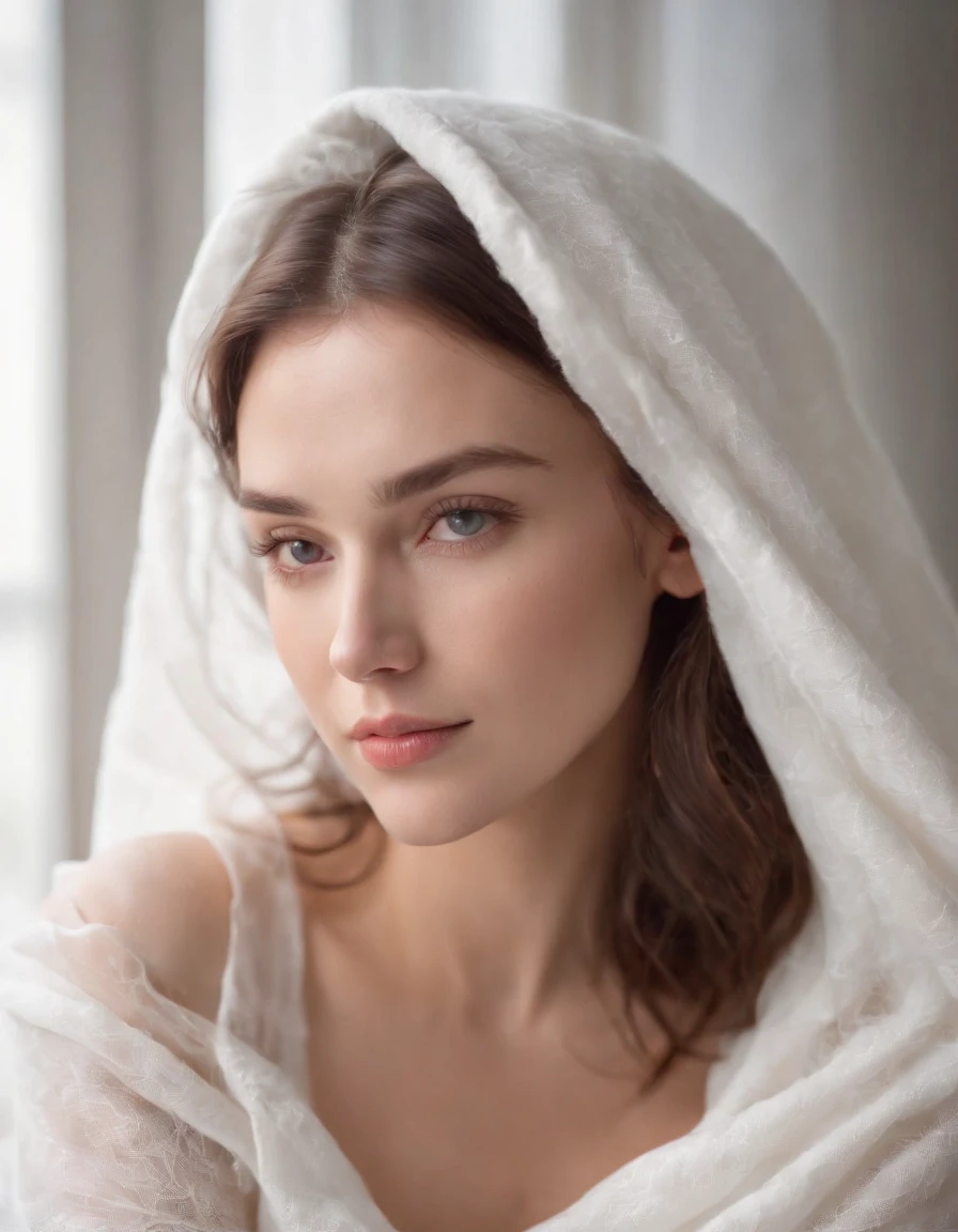 woman with a white blanket blouse,natural sunlight, close up framing her face, light colors, bokeh style, in the style of ultrafine detail, high quality photo,in the bedroom