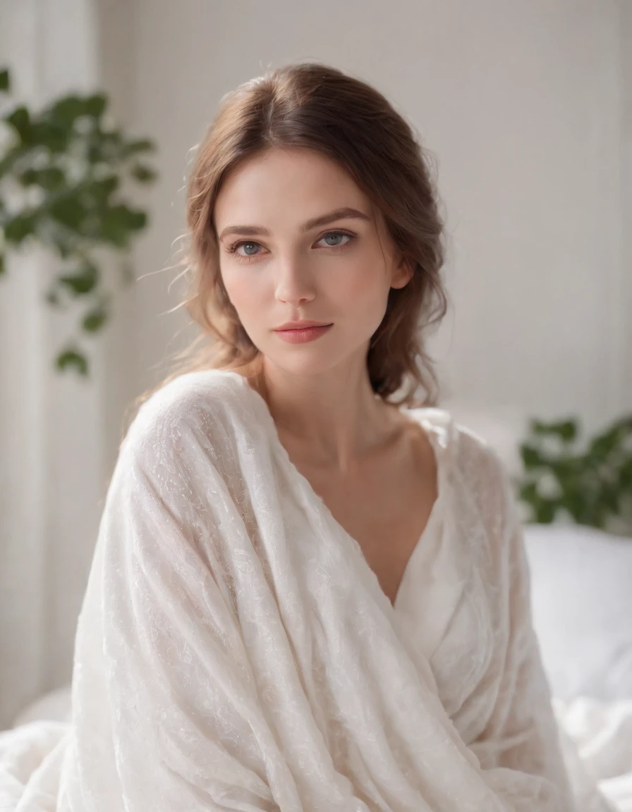 woman with a white blanket blouse,natural sunlight, close up framing her face, light colors, bokeh style, in the style of ultrafine detail, high quality photo，in the bedroom