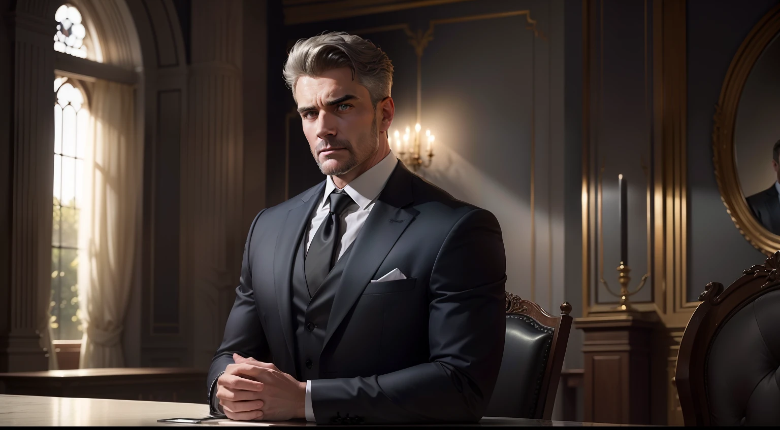 Amidst the grandeur of a softly illuminated stage, James, a 45-year-old man standing at 5'8" with a square face and strong jawlines, becomes an imposing figure. The golden light bathes the scene, casting an air of importance over the speaker at the podium. James, with his hazel eyes and short, salt-and-pepper hair neatly combed to the side, commands attention. He stands confidently, his presence emphasized by a charcoal gray tailored suit, a crisp white dress shirt, a navy blue and silver striped silk tie, and polished black leather shoes. In this setting, the atmosphere is electric, and the audience is rapt as they await James's address.
