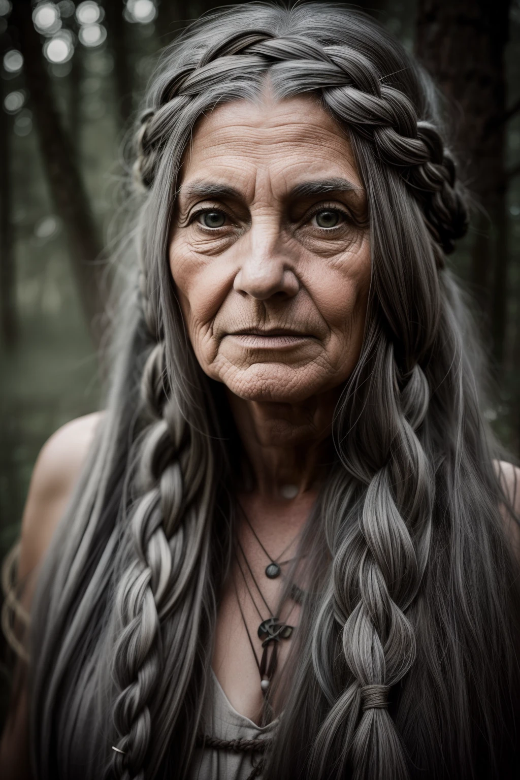 Mythica is a middle aged hippie Forest woman with long grey hair and elegant face, in the style of photographically detailed portraitures, rustic figurative, big eyes and long grey braids , canon eos 5d mark iv, gray and bronze,