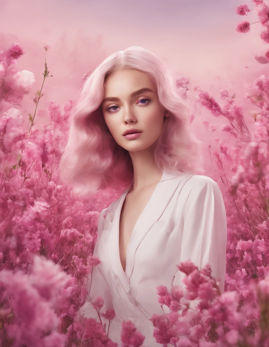 Meadows, in the style of ethereal portraiture, light white and light magenta, celebrity photography, album covers, barbiecore, crisp and delicate, light yellow and light magenta.