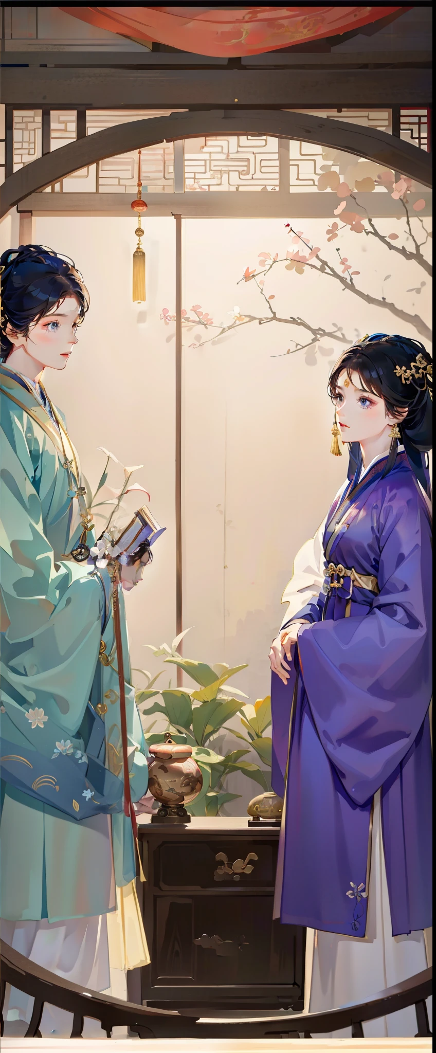 interior scenes，Ancient bedroom，round doors，indoor background，A man and a woman dressed in ancient Chinese costumes, with acient chinese clothes, Traditional Chinese clothing, The boy in Hanfu holds a book， Hanfu girl with round fan,Wearing a luxurious silk cloak, dressed in simple robes, Wearing a flowing purple robe，The boy on the left，Girl on the right，Gorgeous costumes，The woman wears a gold coat on her head，Anime art rendering，Light and shadow rendering，3D game scene，4D game scene，Comfortable light and shadow，