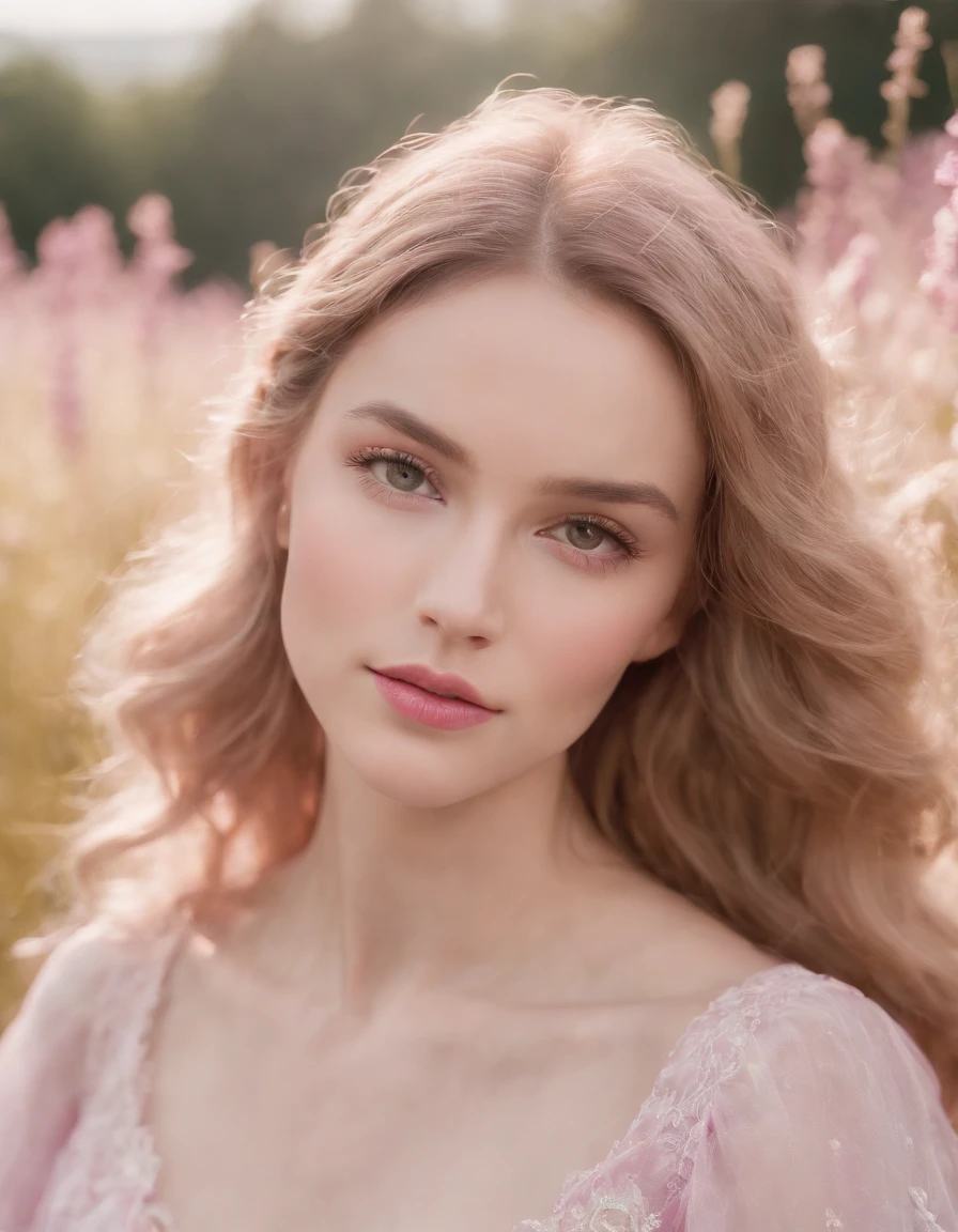 Meadows, in the style of ethereal portraiture, light white and light magenta, celebrity photography, album covers, barbiecore, crisp and delicate, light yellow and light magenta.