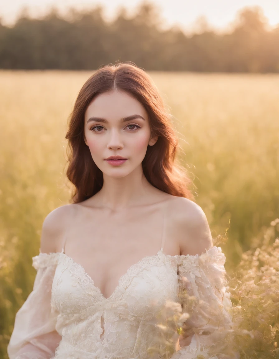 Meadows, in the style of ethereal portraiture, light white and light magenta, celebrity photography, album covers, barbiecore, crisp and delicate, light yellow and light magenta.
