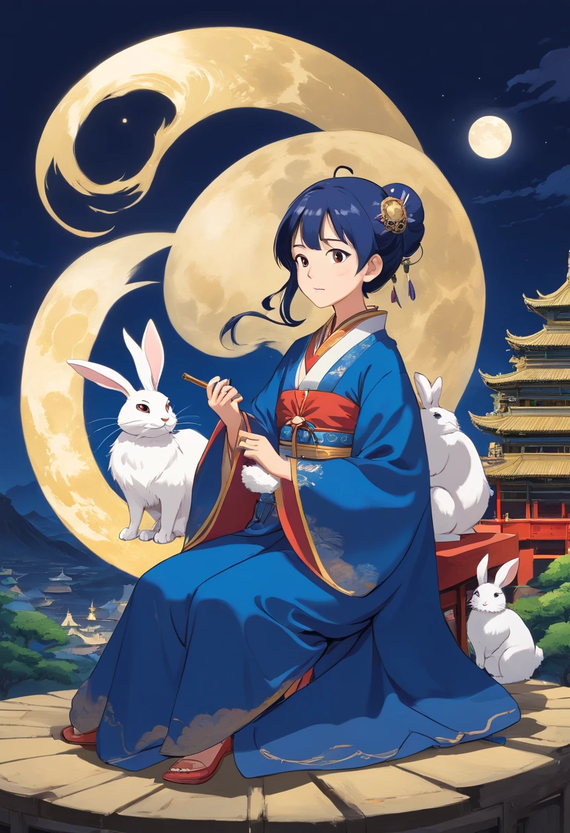 dark indigo and light gold, body, Chinese Opera Actress and a white rabbit, Sitting posture, Giant Moon as background , dark indigo and light gold image style, dark indigo and light gold and white print art, Shang and Zhou ornamentation, unique character design, Chinese ornamentation, Bold lines, Vector illustration --ar 3:4 --niji 5