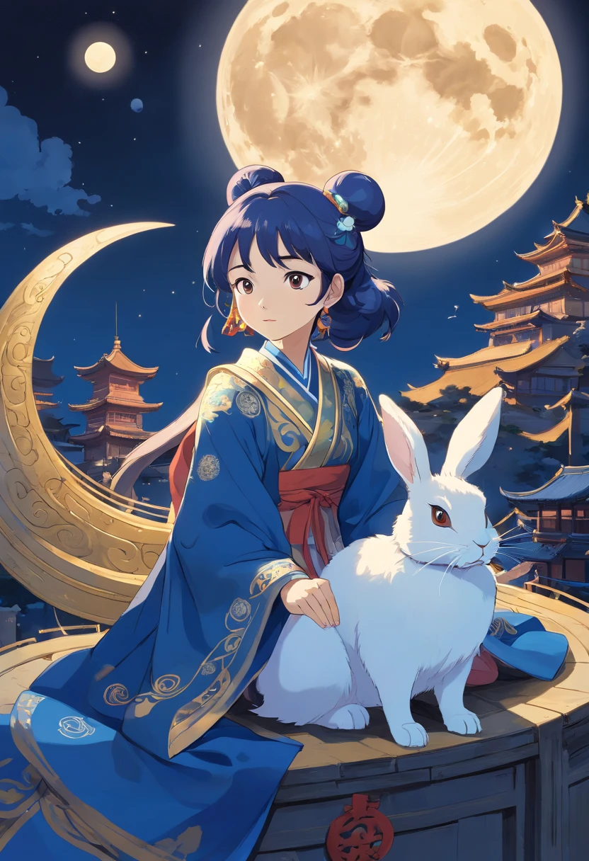 dark indigo and light gold, body, Chinese Opera Actress and a white rabbit, Sitting posture, Giant Moon as background , dark indigo and light gold image style, dark indigo and light gold and white print art, Shang and Zhou ornamentation, unique character design, Chinese ornamentation, Bold lines, Vector illustration --ar 3:4 --niji 5