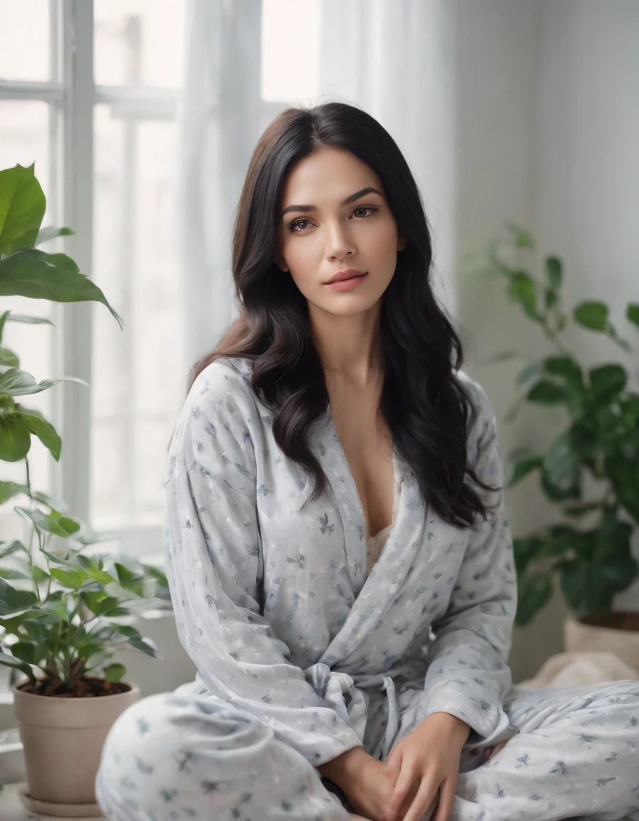 woman sitting long black hair, woman dressed in Pajamas clothes on her room , window background, plants, natural lighting, cloudy day, side shot, half length shot, high quality photo.
