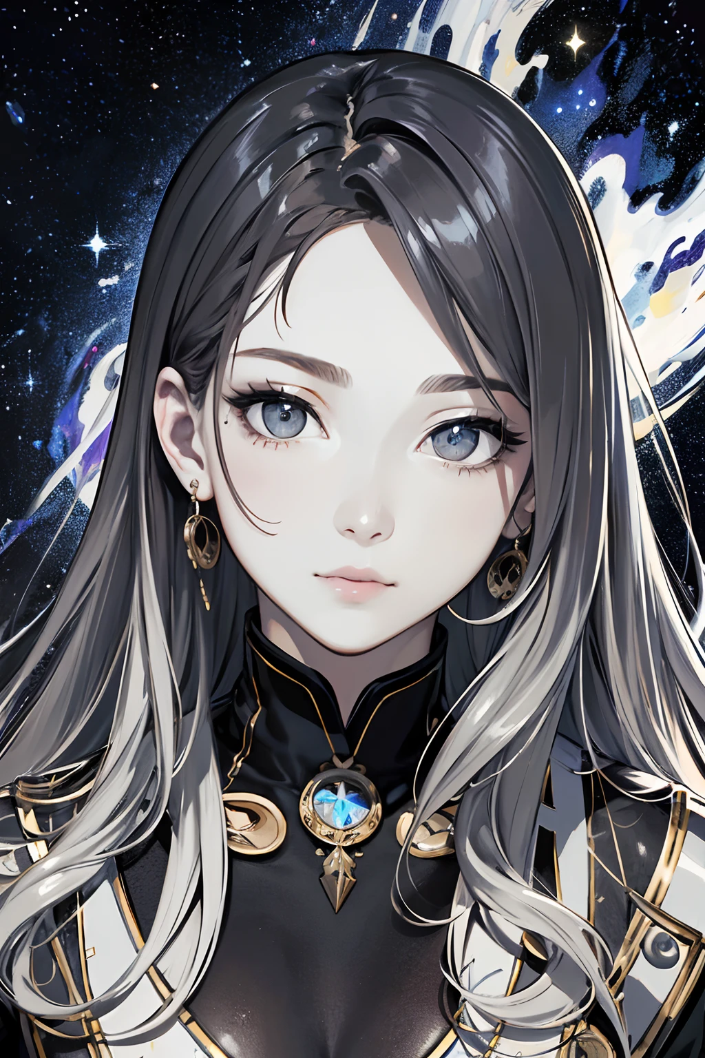 ​masterpiece、top-quality、hight resolution、High-quality images、8K、Metallic Color Grayscale、skin gloss、Texture of skin and clothing、the detail、Portrait detailed eye representation、Lustrous hair、android、erect through、full body Esbian、jet-black background、Three watches、Milky way、by mucha、