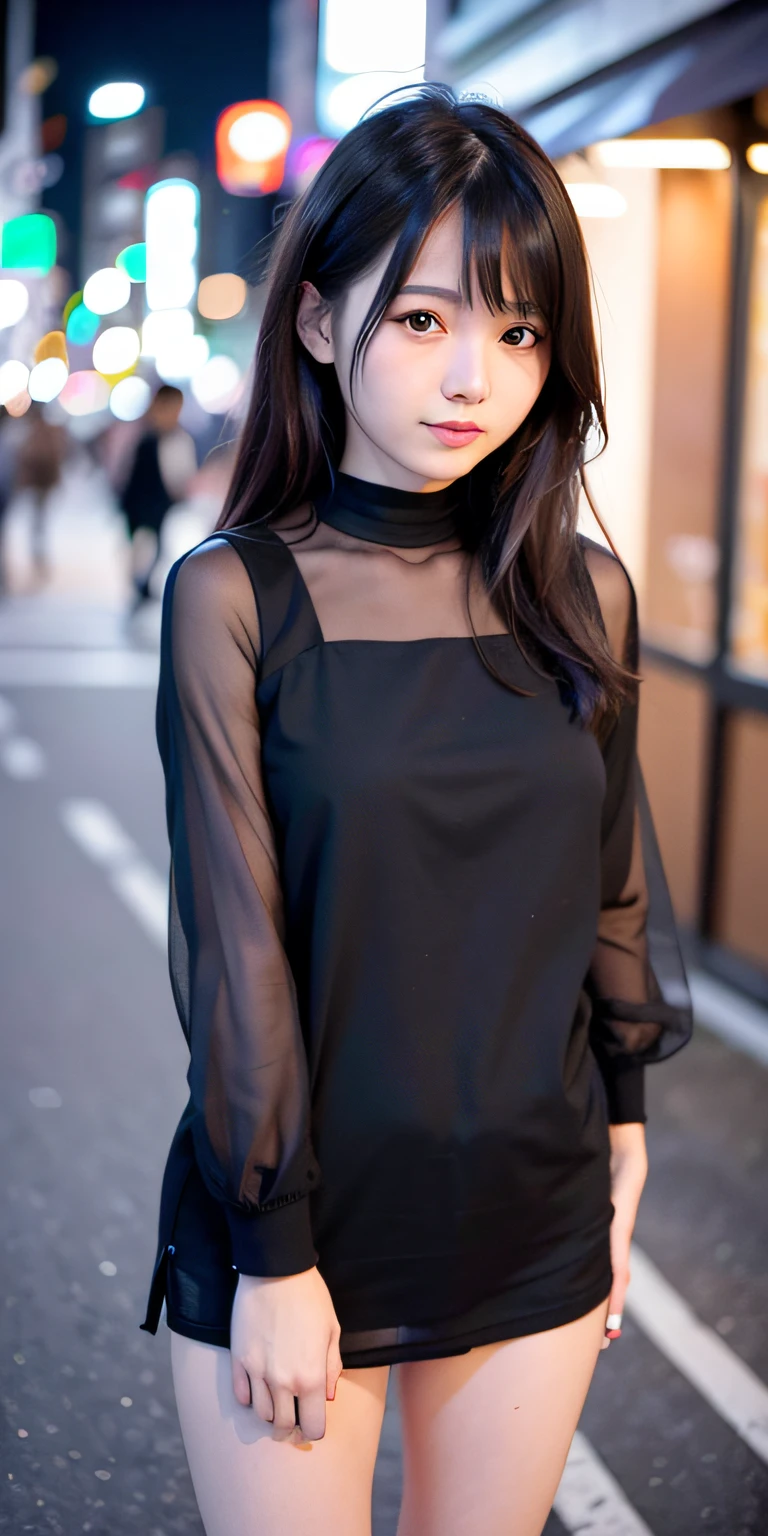 1 girl, Tokyo street, night, cityscape, city lights, upper body, close-up, blouse, smile, (8k, RAW photo, top quality, masterpiece: 1.2), (real, photoreal: 1.37),