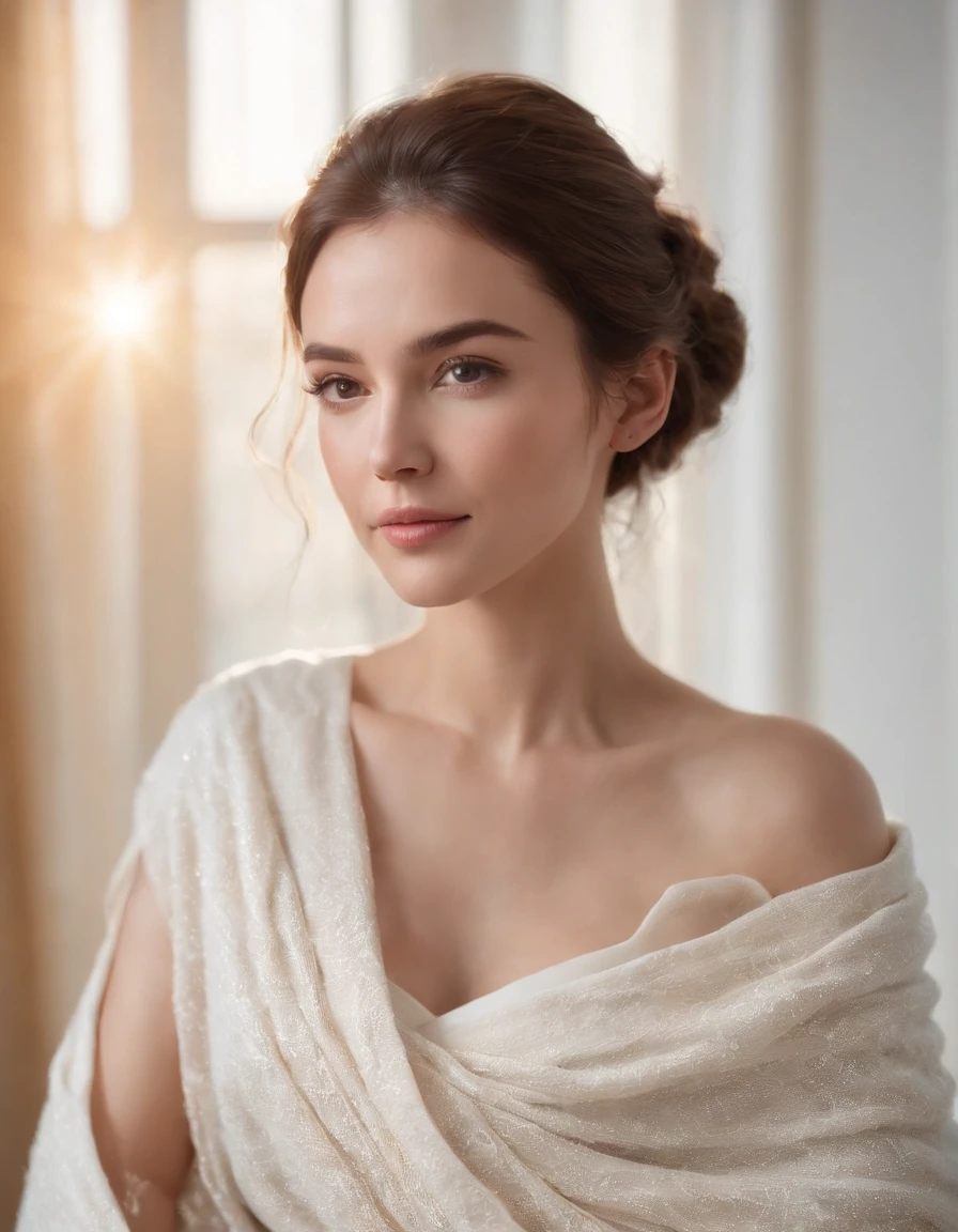 Woman wearing light blanket top, natural sunlight, close-up, light colors, bokeh style, super fine detail style, high quality photo, in bedroom