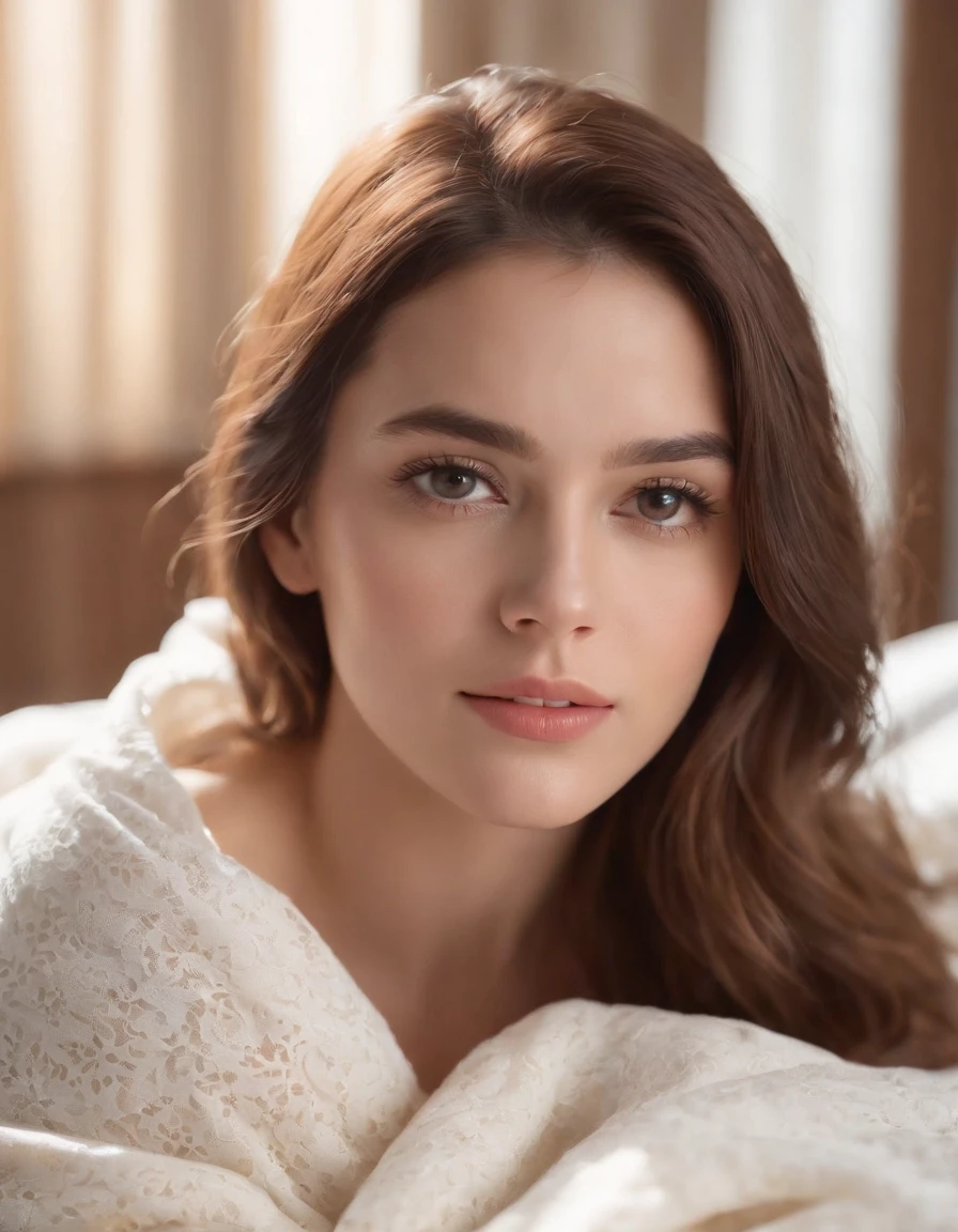 Woman wearing light blanket top, natural sunlight, close-up, light colors, bokeh style, super fine detail style, high quality photo, in bedroom
