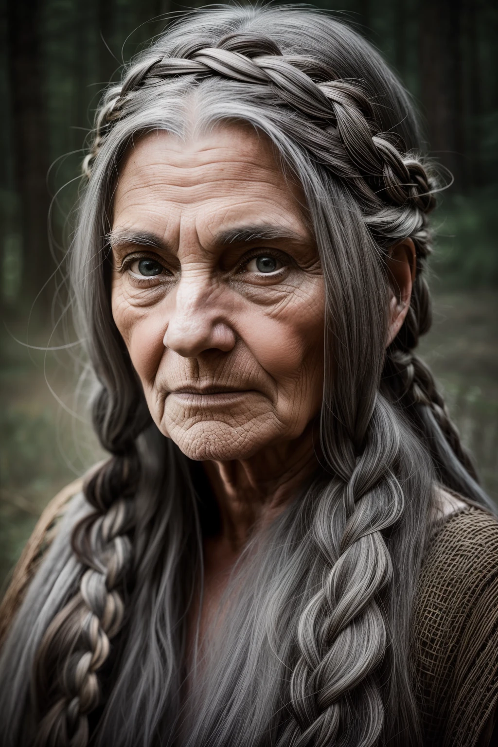 Mythica is a middle aged hippie Forest woman with long grey hair and elegant face, in the style of photographically detailed portraitures, rustic figurative, big eyes and long grey braids , canon eos 5d mark iv, gray and bronze,