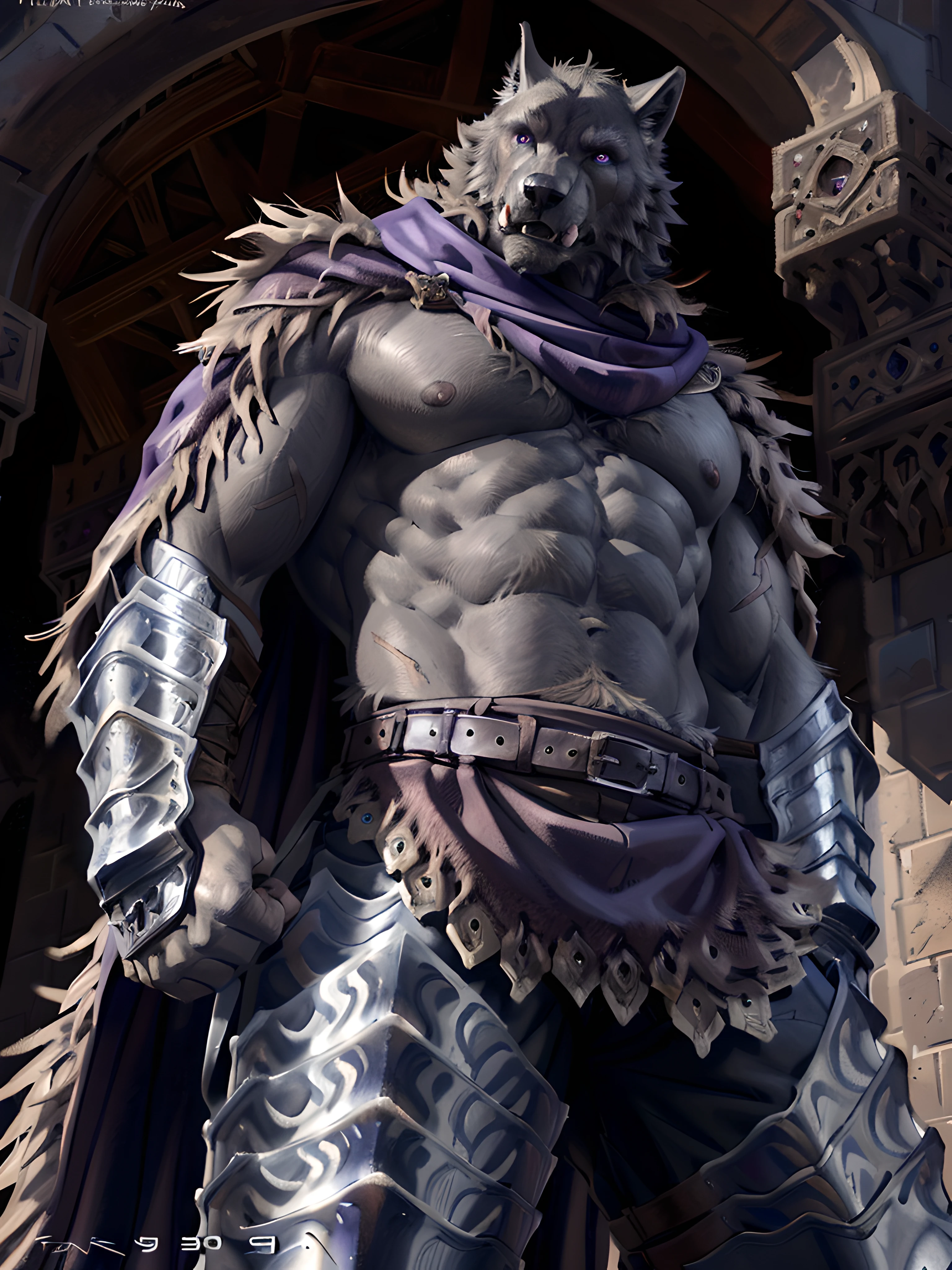 blaidd, cape. 4k, high resolution, best quality, perfect colors, perfect shadows, perfect lighting, posted on e621, furry body, solo, male, adult, bare chest, masculine, (very muscular, buff, heavyweight, strong chest:1.4), correct anatomy, (photorealistic fur, detailed fur, epic, masterpiece:1.2), (inside medieval castle, dark interior, dark lighting), (by Taran Fiddler, by Traver009, by wfa:1.2), (pants, leg armor, belt:1.2), (detailed eyes, purple eyes:1.2), serious face, growling, baring fangs, (large scars on body:1.1), (veins on arms:1.0), looking at viewer, messy fur, (low-angle shot:1.2)