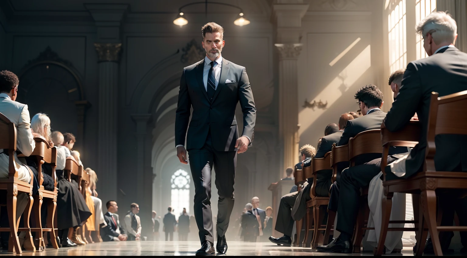 Amidst the grandeur of a softly illuminated stage, James, a 45-year-old man standing at 5'8" with a square face and strong jawlines, becomes an imposing figure. The golden light bathes the scene, casting an air of importance over the speaker at the podium. James, with his hazel eyes and short, salt-and-pepper hair neatly combed to the side, commands attention. He stands confidently, his presence emphasized by a charcoal gray tailored suit, a crisp white dress shirt, a navy blue and silver striped silk tie, and polished black leather shoes. In this setting, the atmosphere is electric, and the audience is rapt as they await James's address.