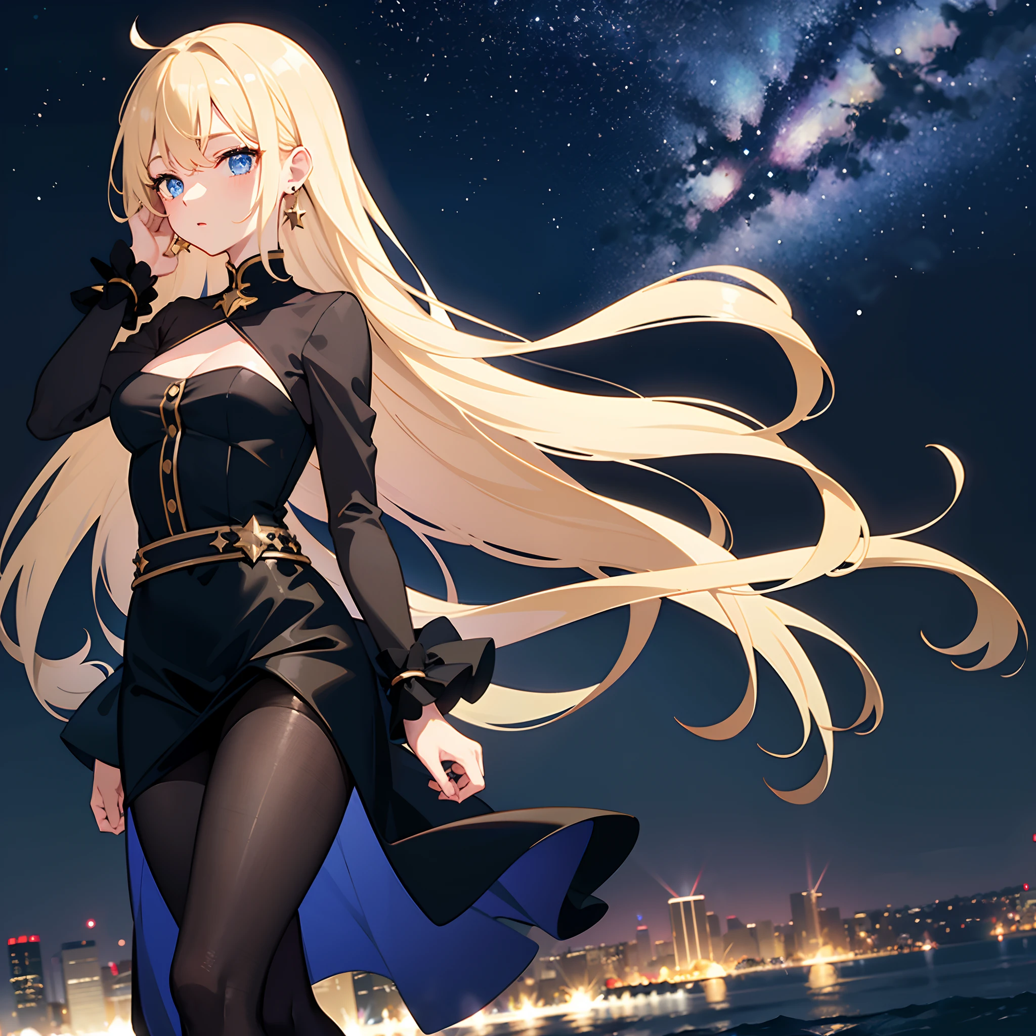 Masterpiece, starry sky, highest resolution, 1 girl, solo, narrow head, long blonde hair, dripping hair, blue eyes, earrings, long black skirt, pantyhose, walking, elegant night