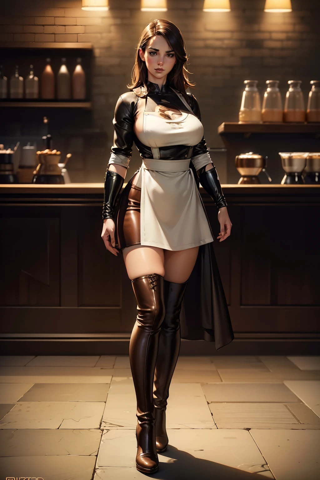 (((Full length body shot photo)))of (Megan Mace) in a (((leather ?????))), realistic fabric texture, ((thigh-high boots)), (((white blouse))), (((superhero barista))), coffee bar background, (beautiful caucasian face), (ultra-detailed, masterpiece), volumetric lighting, subsurface scattering, good anatomy, good proportions, High Detail, Sharp focus, dramatic, cinematic, dynamic pose (photorealistic:1.5), (mature adult:1.6), (highest quality illustration), (line art:1.25), (2D) (masterpiece, award-winning, best quality:1.3), trending on ArtStation, trending on CGSociety, Intricately detailed, award-winning digital art, 8k, high resolution, best quality, natural beauty, sharp focus, award-winning photograph,
