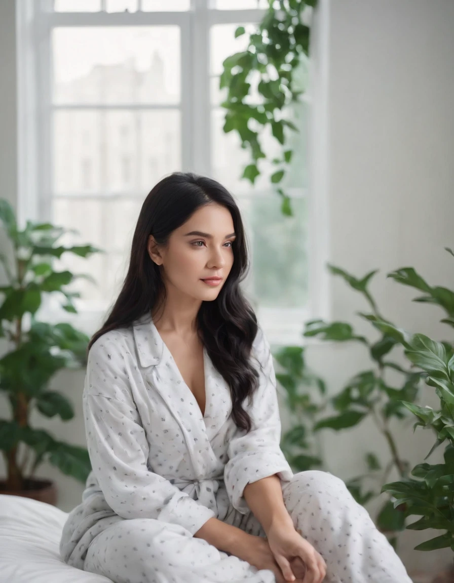 woman sitting long black hair, woman dressed in Pajamas clothes on her room , window background, plants, natural lighting, cloudy day, side shot, half length shot, high quality photo.
