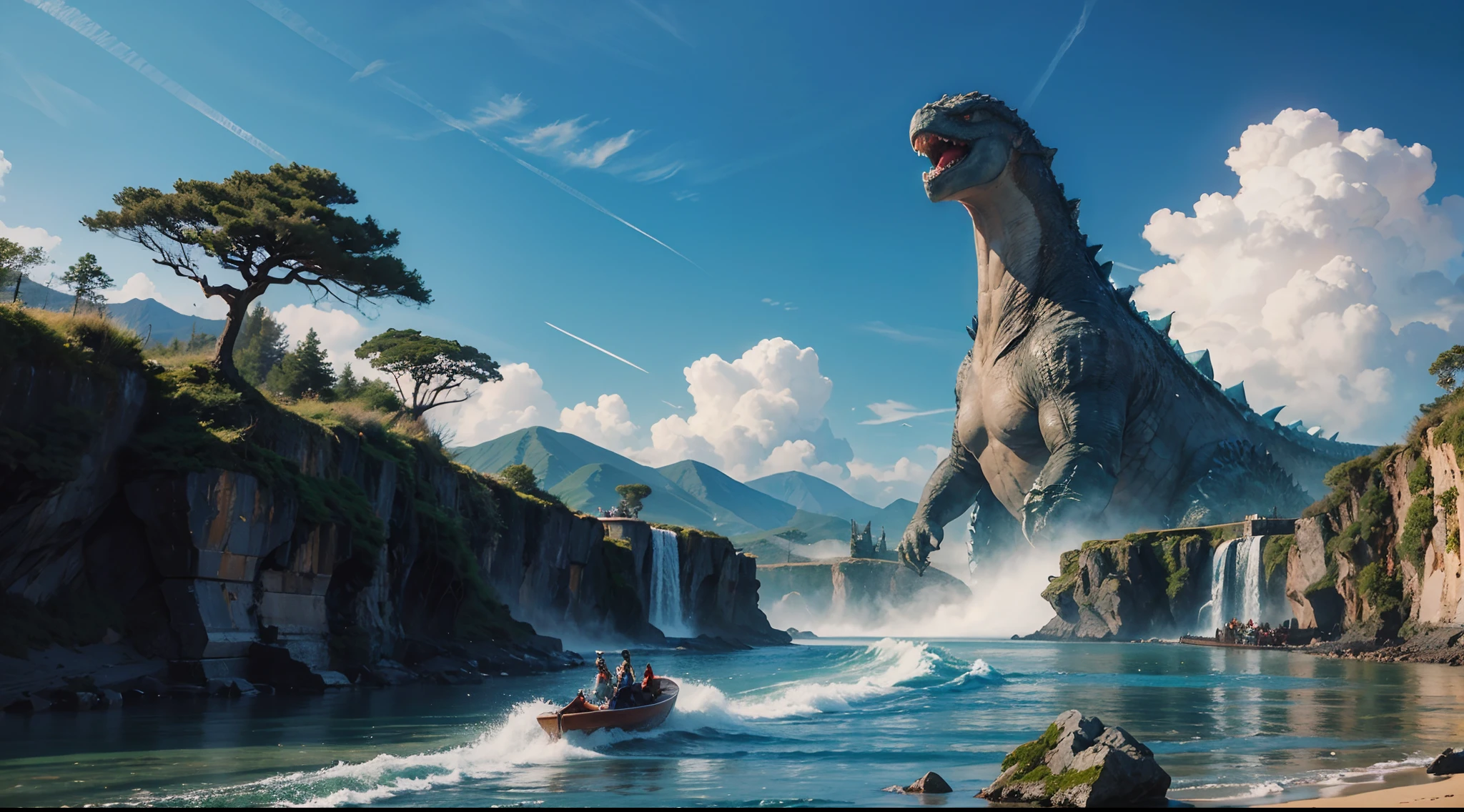({{highres,}},masterpiece,ultra-detailed,best quality,8k), cloud, sky, scenery, day, blue_sky, mountain, cloudy_sky, outdoors, waterfall, fantasy, horizon, cliff, rock, water, landscape, mountainous_horizon, ocean, tree, river, floating_island, (huge pirate ships), (alien invasion), (Godzilla)