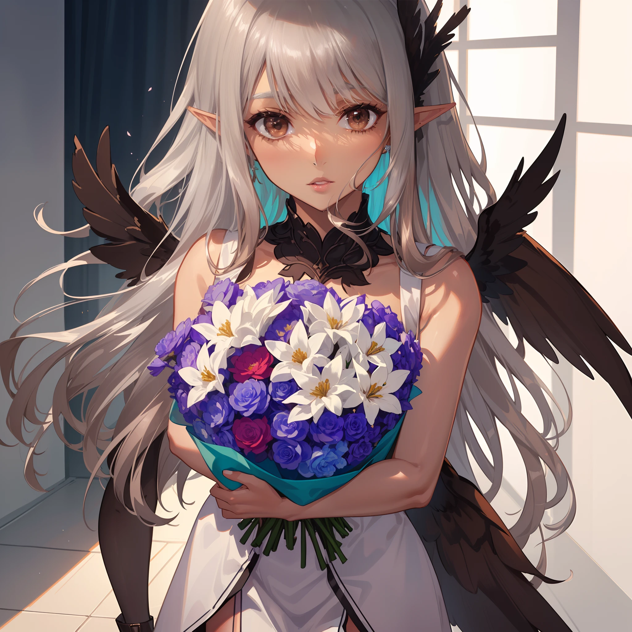 Chibi:1.4,(decorated:1.5 and wrapped:1.7 and ribboned:1.7 ),((A bouquet of a million colorful flowers is placed in front of your face.:1.7)),(A bouquet that overflows from the bouquet:1.6),solo,BRAKE (Darkness:1.4),(fantasy costume:1.5),elf ear:1.1,(raven wings:1.6),(dark elf:1.6),blue eyes,(milky silver hair:1.6),(ash brown skin woman:1.8),(high-heeled shoes:1.3),solo,BRAKE dynamic pose,dynamic angle,from side:1.7,full body shot:1.3, low shot:1.3,BRAKE fantastic room,BREAK (extremely detailed CG unity 8k portrait:1.3),ray-tracing,(highly detailed fingers:1.3),(Masterpiece: 1.3),(ultra detailed face),(Exquisite Detail: 1.2),highly detail Eye,(Highest Quality:1.4), (Super-Resolution: 1.2),(super fine illustration:1.3), Eyelashes, Best Quality,super detailed skin,