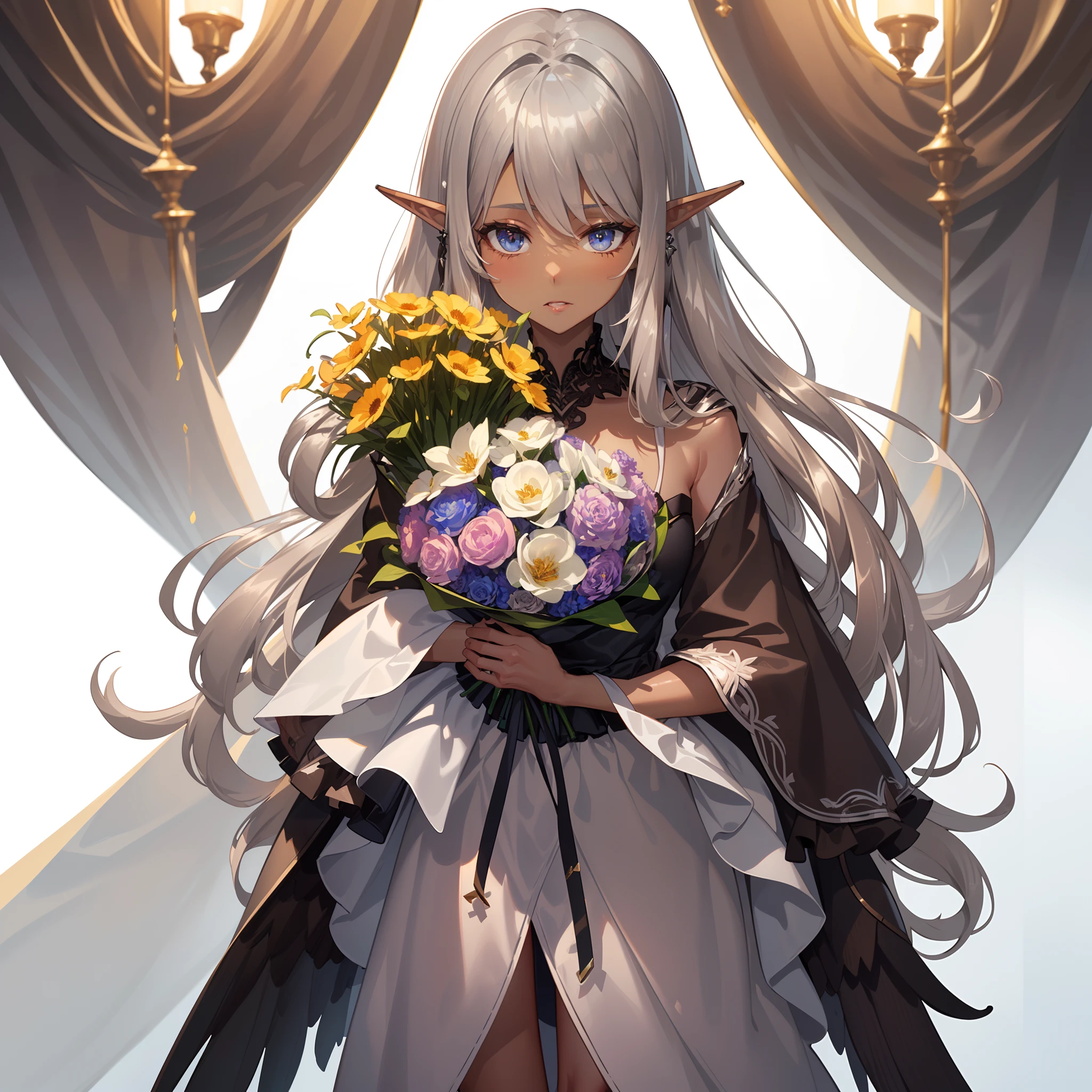 Chibi:1.4,(decorated:1.5 and wrapped:1.7 and ribboned:1.7 ),((A bouquet of a million colorful flowers is placed in front of your face.:1.7)),(A bouquet that overflows from the bouquet:1.6),solo,BRAKE (Darkness:1.4),(fantasy costume:1.5),elf ear:1.1,(raven wings:1.6),(dark elf:1.6),blue eyes,(milky silver hair:1.6),(ash brown skin woman:1.8),(high-heeled shoes:1.3),solo,BRAKE dynamic pose,dynamic angle,from side:1.7,full body shot:1.3, low shot:1.3,BRAKE fantastic room,BREAK (extremely detailed CG unity 8k portrait:1.3),ray-tracing,(highly detailed fingers:1.3),(Masterpiece: 1.3),(ultra detailed face),(Exquisite Detail: 1.2),highly detail Eye,(Highest Quality:1.4), (Super-Resolution: 1.2),(super fine illustration:1.3), Eyelashes, Best Quality,super detailed skin,
