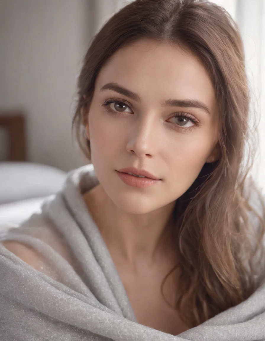 Woman wearing light gray blanket top, natural sunlight, close-up, light colors, bokeh style, super fine detail style, high quality photo, in bedroom