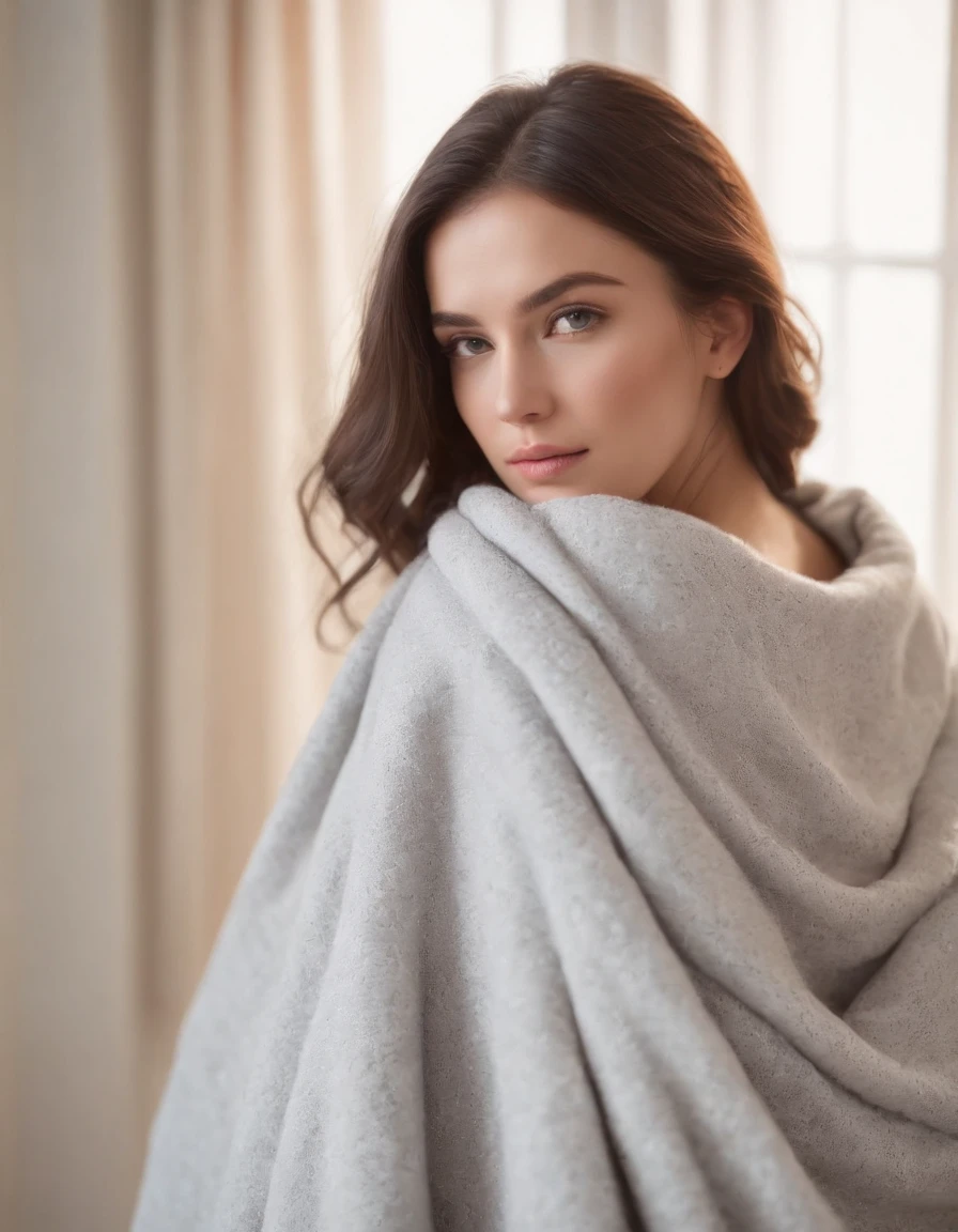 Woman wearing light gray blanket top, natural sunlight, close-up, light colors, bokeh style, super fine detail style, high quality photo, in bedroom