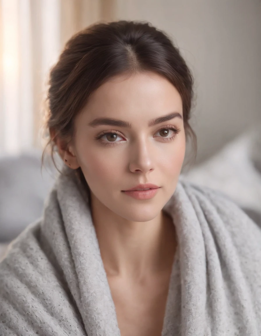 Woman wearing light gray blanket top, natural sunlight, close-up, light colors, bokeh style, super fine detail style, high quality photo, in bedroom
