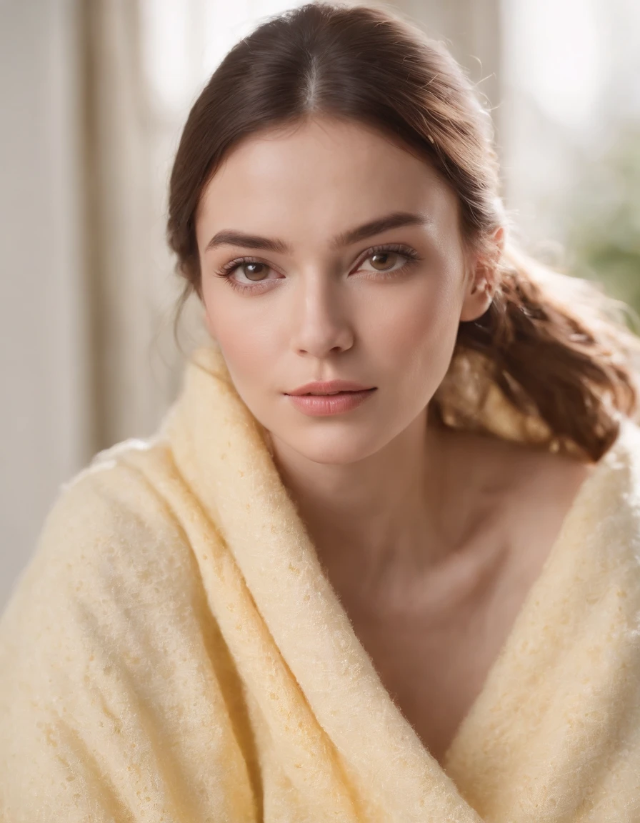 Woman wearing light yellow blanket top, natural sunlight, close-up, light colors, bokeh style, super fine detail style, high quality photo, in bedroom