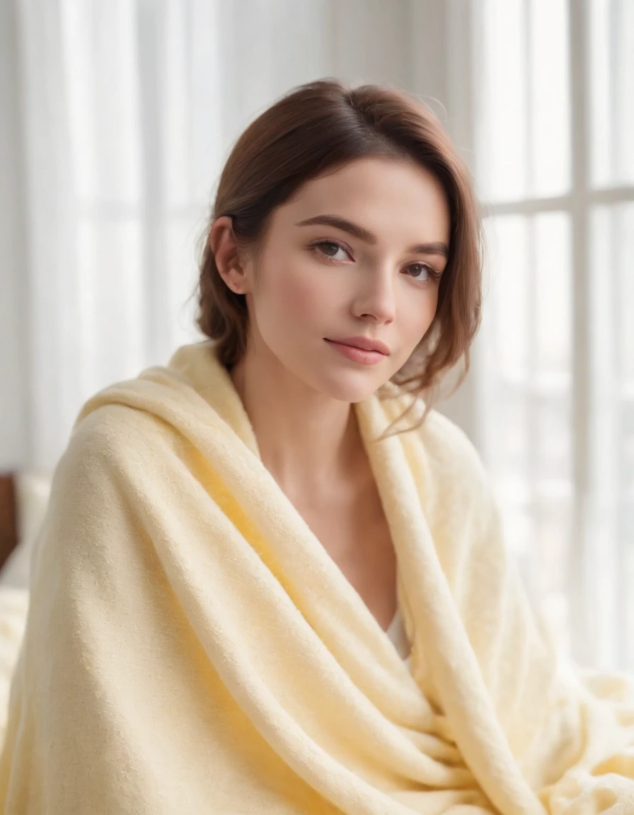 Woman wearing light yellow blanket top, natural sunlight, close-up, light colors, bokeh style, super fine detail style, high quality photo, in bedroom
