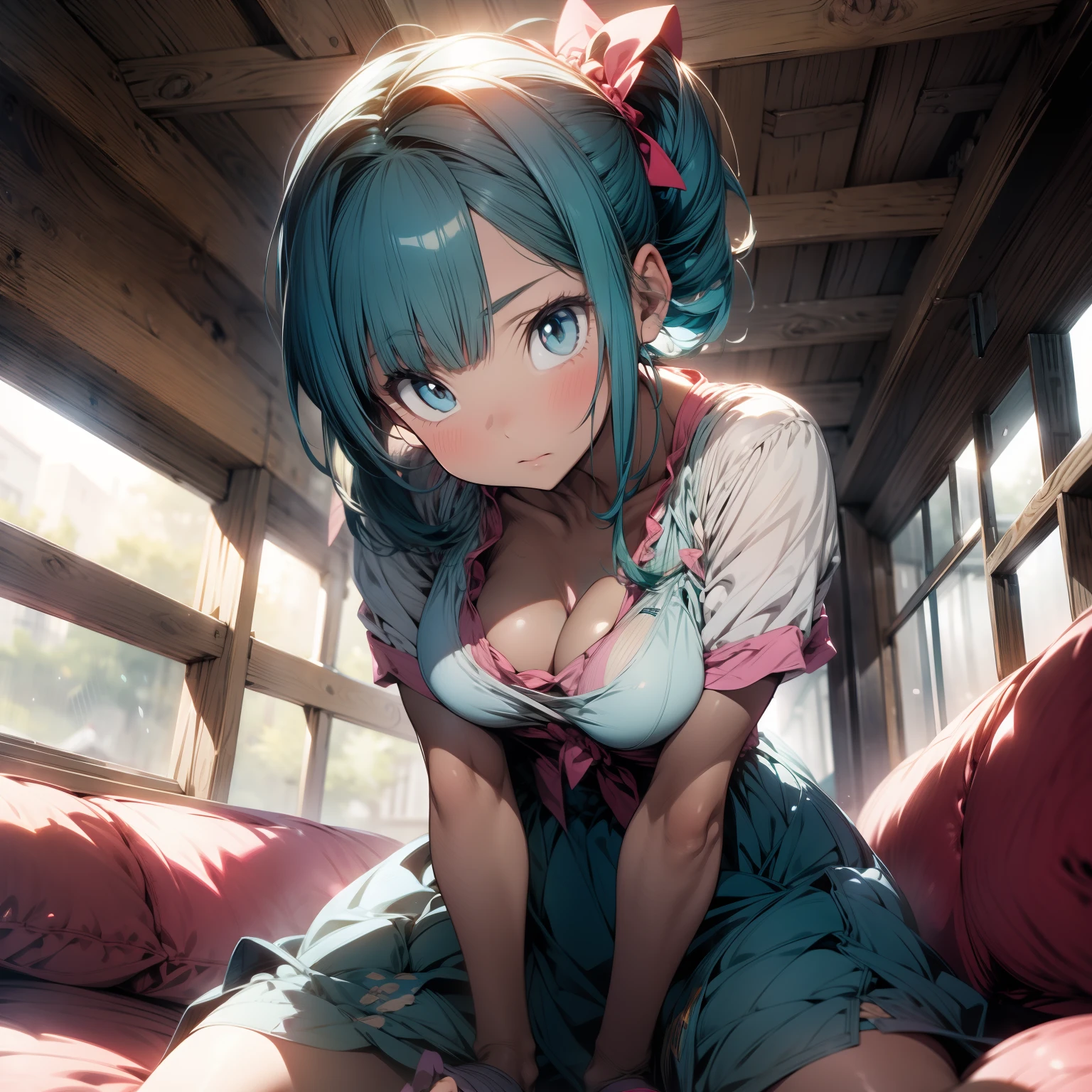 (masterpiece),best quality, full-body shot, expressive eyes, perfect face, 1girl, medium breast, good breast, beautiful, gorgeous ,round breast, sitting on a couch, medium shot, indoors, lab, cleavage, white sleeves, Turquoise bow, pink dress, bow, feminine, blushing, Bulma from "dragonball", masturbation from below, Grab your own breasts, One girl, sit on the floor, Spread your legs, Raise your legs