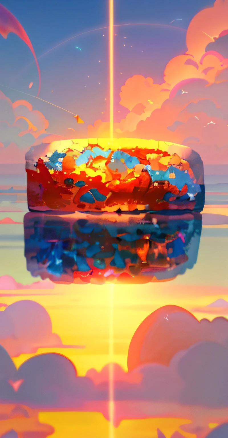 Masterpiece,((Thousand pure glass,Shine:1.2,The sheen)),Best quality;(pixar-style:1.4),(Sea of Clouds,At sunrise,The Kingdom of Zhou was surrounded by clouds of fire,rainbowing,Flying birds,Paper airplanes)(Ultra detailed,Aesthetic,Beautiful composition is rich,vivd colour,volumetric soft light)4K,Reflections in the sun,Moon cake《inverted image》Inspired by:《alice in the wonderland》,magic,Fairy tales,illusory engine,rendering by octane,cuteness render,a 3D render,Adobe Photoshop,Awesome beauty