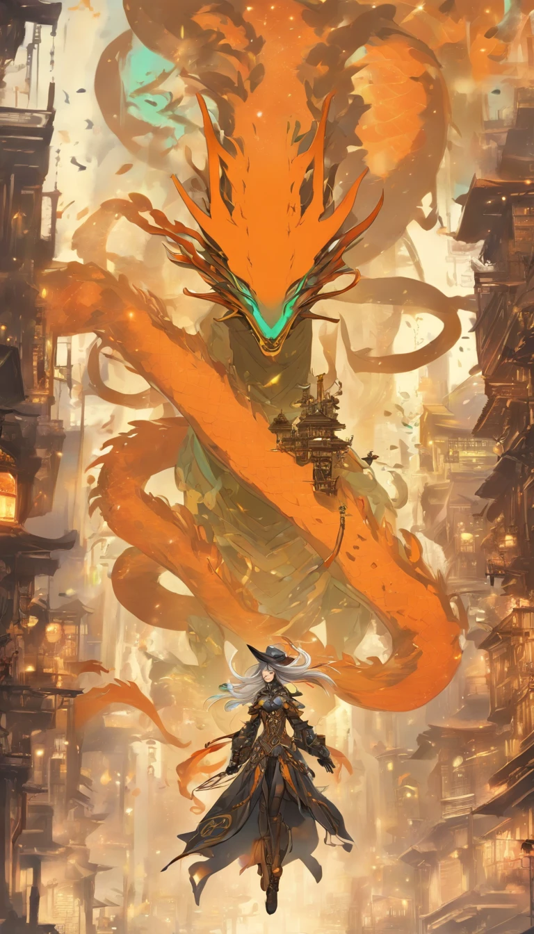 Chinese ink style,Steampunk world,Steampunk warframe girl in dragon shape,Jet steam is suspended in the city air,Ink animation art,Ink comic art,water ink,ink,Smudge,8K,Delicately portrayed,Works of masters