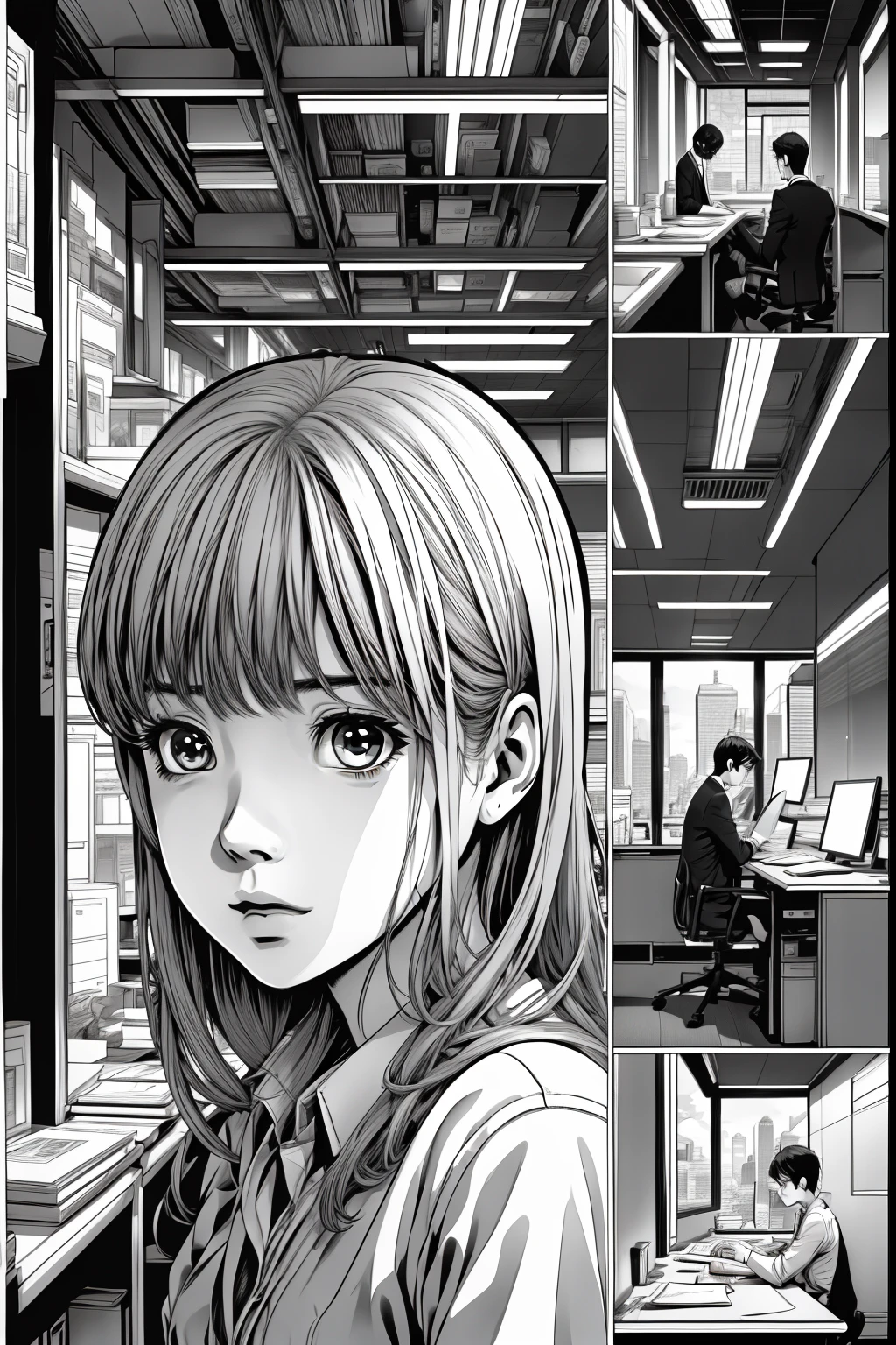 comic strip, 1girll,1boys,Office