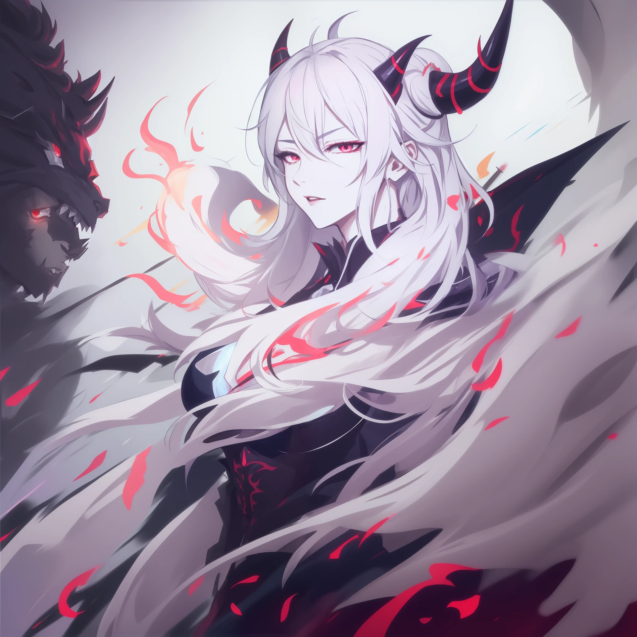 1man, anime man with white hair demon anime man, dragon man, demon man, by Yang J, by Shitao, epic anime style, :: rossdraws, demon slayer rui fanart, demon, beautiful elegant demon king, drakengard, city in the background, white hair, pink eyes, detailed face, detailed art, hd art, hd face, 4k art, horned, [horns]