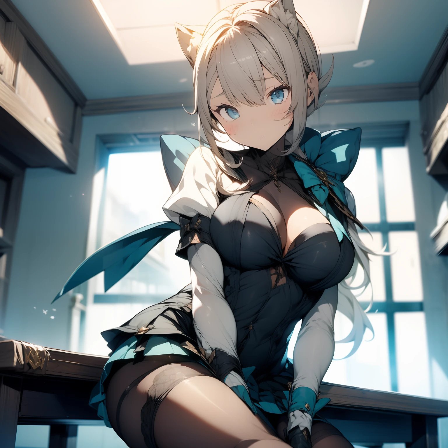(masterpiece),best quality, expressive eyes, perfect face, 1girl, she has cat-ears
big breast, H-cup, good breast, beautiful, gorgeous ,large breast, sitting on a desk, medium shot, indoors, magician office, cleavage, white sleeves, Turquoise bow, black school skirt, bow, feminine, blushing
lynette "Genshin_Impact" masturbation from below, Grab your own breasts, Spread your legs, Raise your legs