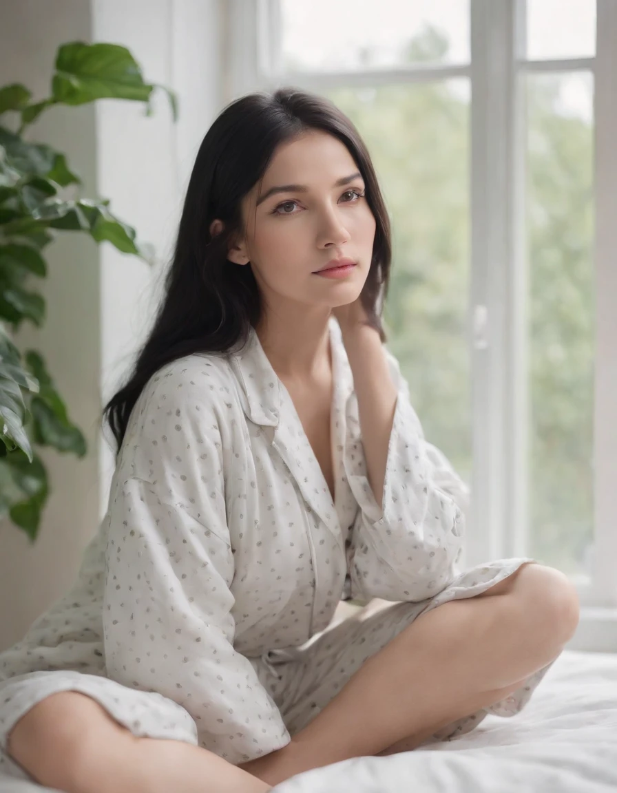 woman sitting long black hair, woman dressed in Pajamas clothes on her room , window background, plants, natural lighting, cloudy day, side shot, half length shot, high quality photo.