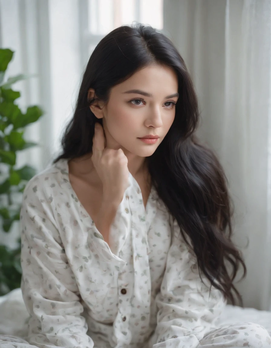 woman sitting long black hair, woman dressed in Pajamas clothes on her room , window background, plants, natural lighting, cloudy day, side shot, half length shot, high quality photo.