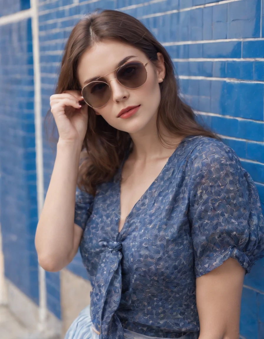 young woman dressed from the 80s, casual mood, sunglasses, blouse tied in front, leaning against blue tiled wall, sunny day, half length shot, vibrant colors