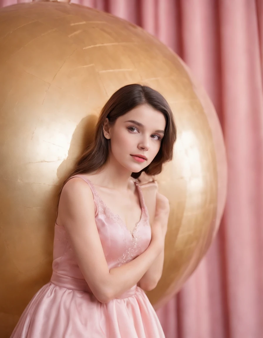 little brunette girl in retro pink dress, pink curtain in the background, golden giant sphere next to it, medium close up, high quality photo