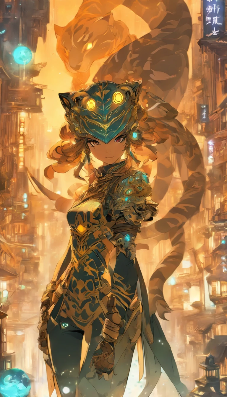 Chinese ink style，Steampunk world，Tiger-shaped steampunk warframe girl，Jet steam is suspended in the city air，Ink animation art，Ink comic art，water ink，ink，Smudge，8K，Delicately portrayed，Works of masters