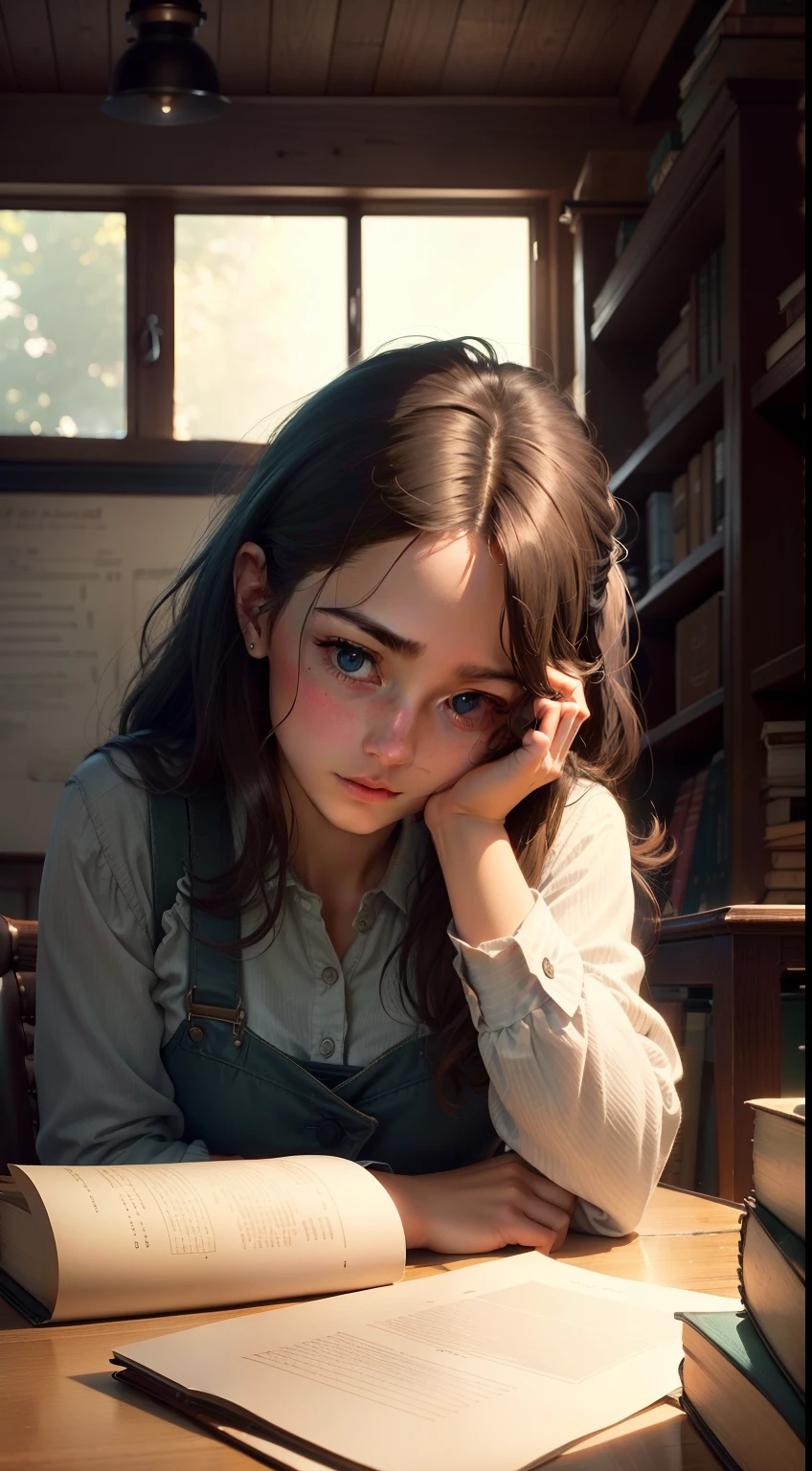 Generate an image of a person sitting at a vintage wooden desk in a dimly lit room, surrounded by stacks of old leather-bound books. The person should have an intense expression of deep thought on their face, with furrowed brows and one hand resting on their chin. The desk should be covered in open textbooks and scattered papers, each filled with complex mathematical equations and diagrams. Soft, warm light from an antique desk lamp should illuminate the scene, casting gentle shadows on the person's face and the cluttered desk. In the background, there should be a chalkboard filled with intricate mathematical formulas, and a faint reflection of the person's face should be visible on the chalkboard, suggesting their deep immersion in the subject. The overall atmosphere should evoke a sense of intellectual curiosity and the joy of solving challenging problems.