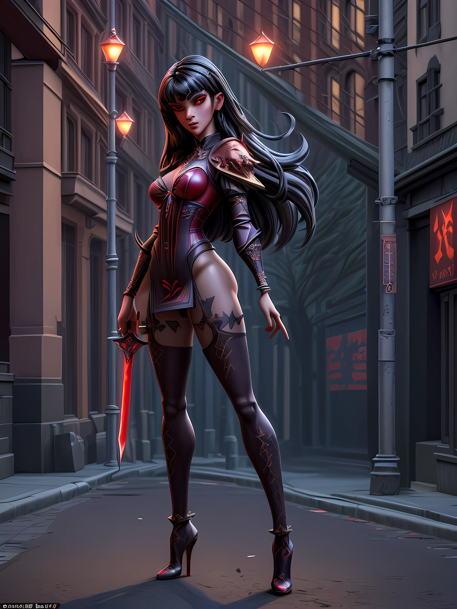 a 3d pixar animation style illustration of Vampirella standing in the street at night, Vampirella  (masterpiece, extremely detailed, best quality), full body (masterpiece, extremely detailed, best detailed), standing in an urban street at night  exquisite beautiful Vampirella (masterpiece, extremely detailed, best quality), best detailed face, full body, wearing red armor LnF (masterpiece, extremely detailed, best quality), armed with a sword fantasysword sword (masterpiece, extremely detailed, best quality), ready for battle, urban street background, lamp lights, moon light, detailed background (masterpiece, extremely detailed, best quality), best realistic, very high quality, best quality, 16k, [ultra detailed], masterpiece, best quality, (extremely detailed), ultra wide shot, photorealism, depth of field, 3D animation render